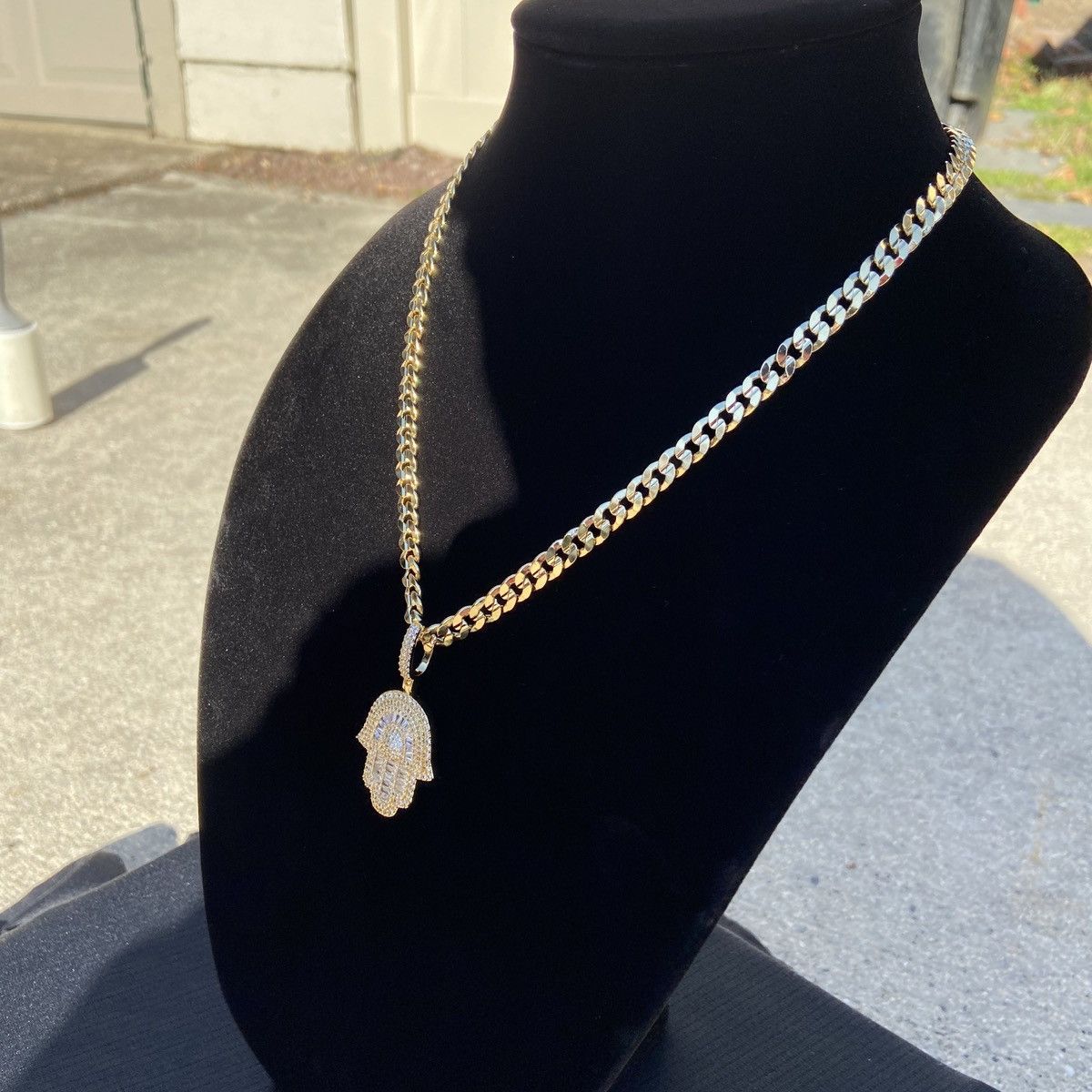 Jewelry Gold Chain Cuban Link Necklace 20in 7mm and Icy Hamsa Hand Size ONE SIZE - 3 Thumbnail