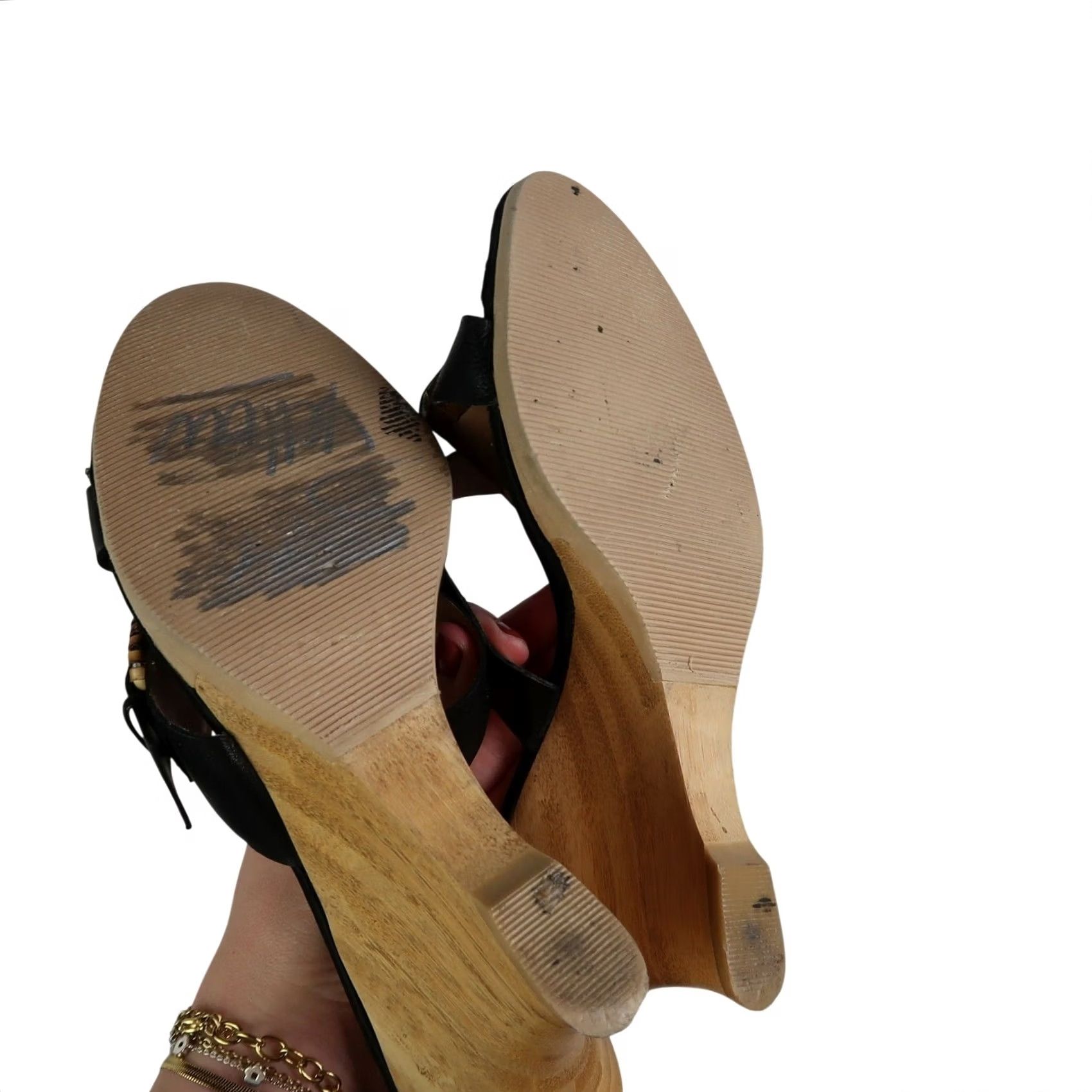 Vintage VINTAGE Black Leather Wedge Sandals Mule Heels 3.5" 10 Women Slip-On Casual Party/Cocktail Spring Summer Mens? Size US 10 / IT 40 - 5 Thumbnail