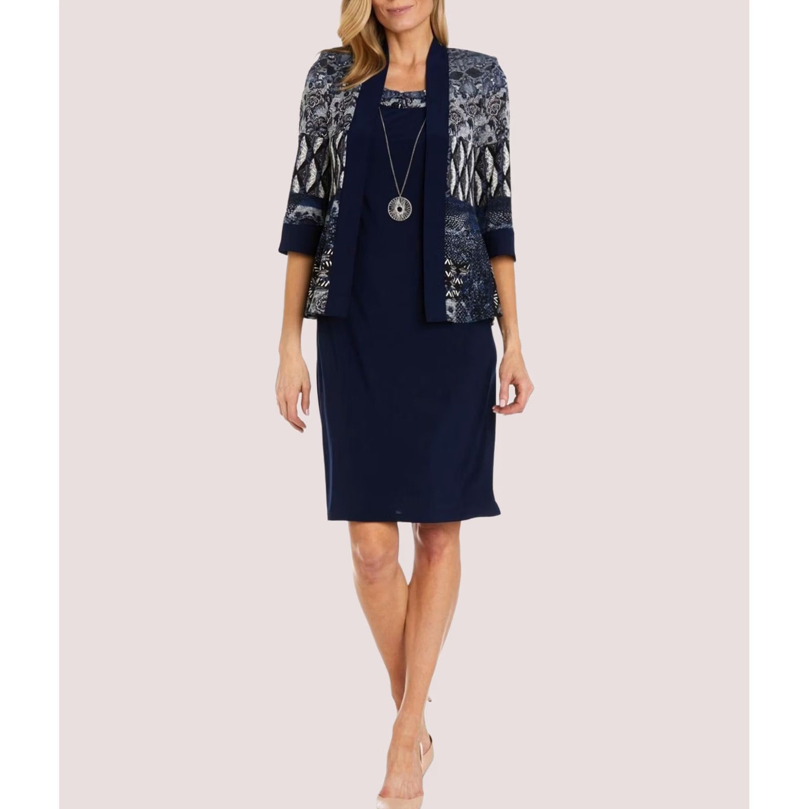 Vintage R & M Richards Womens navy Petite 14P 2 Piece Jacket Sheath Dress Size XL / US 12-14 / IT 48-50 - 1 Thumbnail