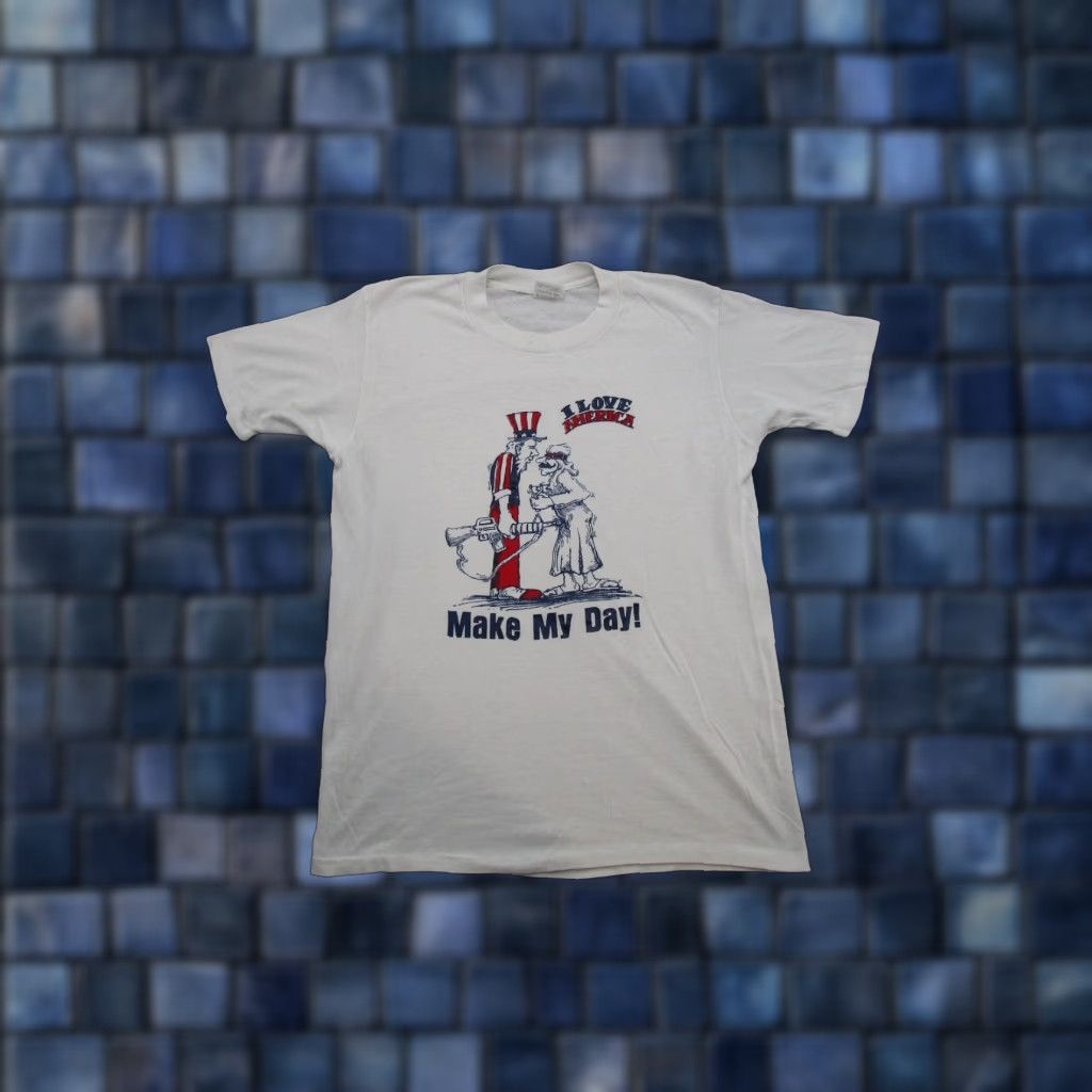 Vintage VTG Stedman Shirt I Love America Make My Day Hippie Uncle Sam Army 70s 80s SZ M White Mens Size US M / EU 48-50 / 2 - 1 Thumbnail