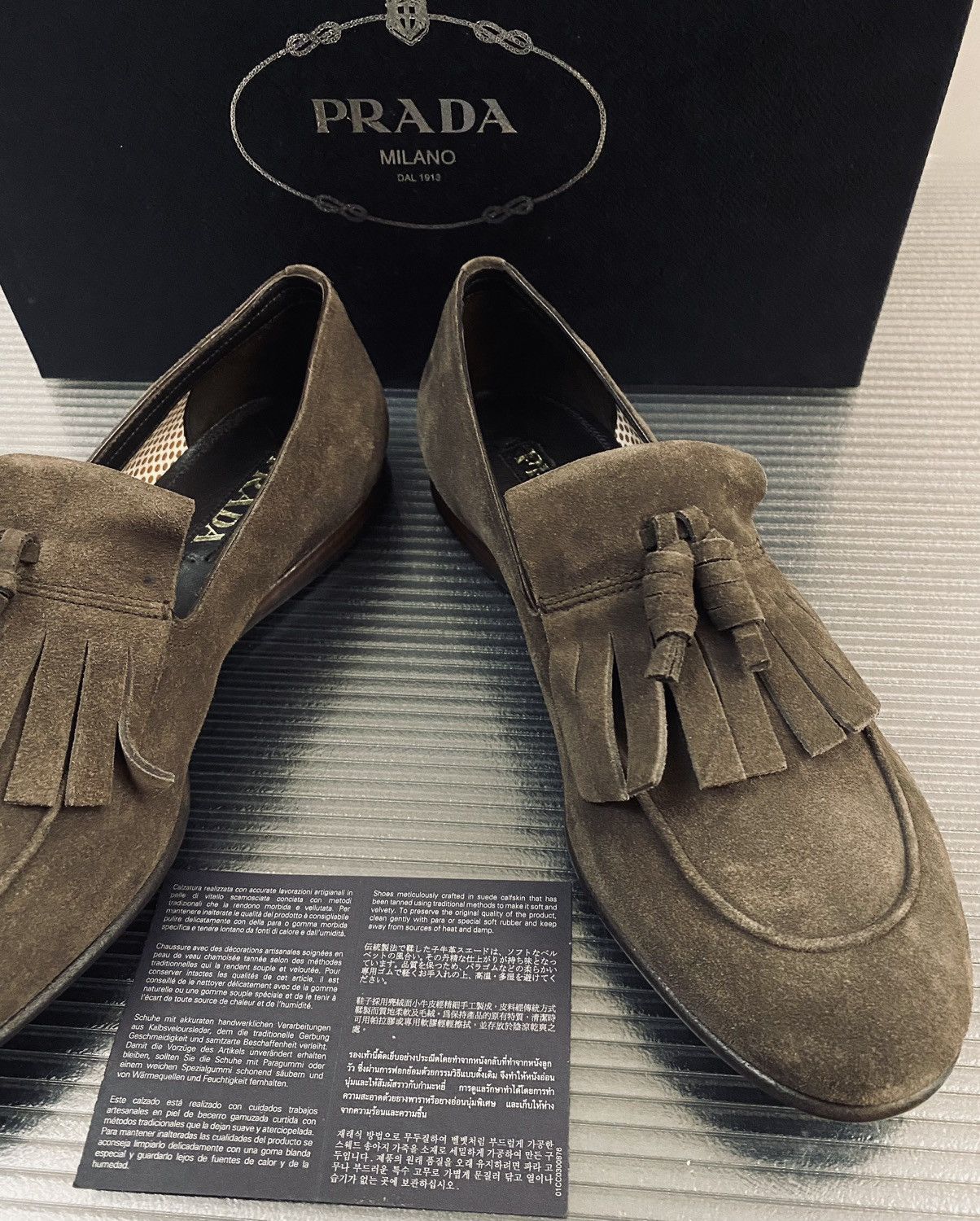 Prada Prada 🇮🇹 Grafite Suede Tasseled Kilt Slip On Loafer 8 NEW Size US 8 / EU 41 - 9 Thumbnail