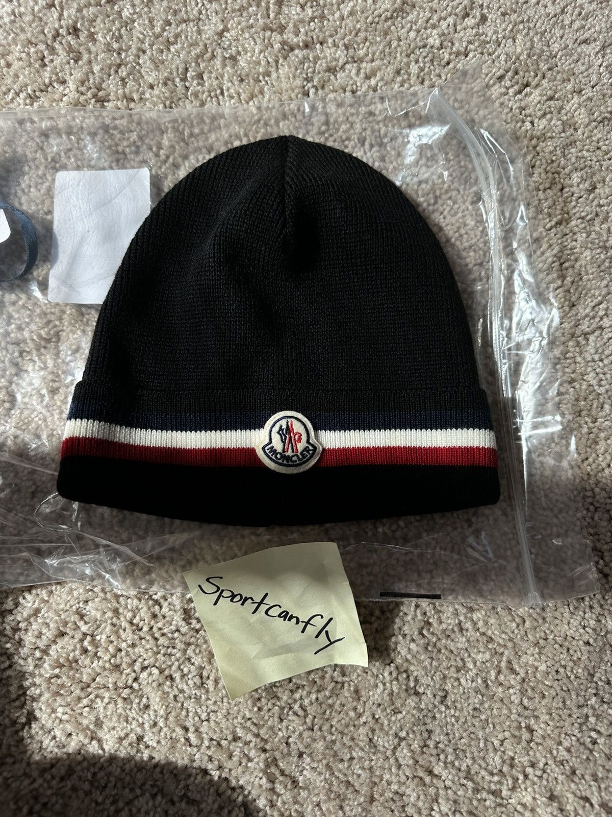 image of Moncler - Tricolor Wool Beanie in Black, Men's