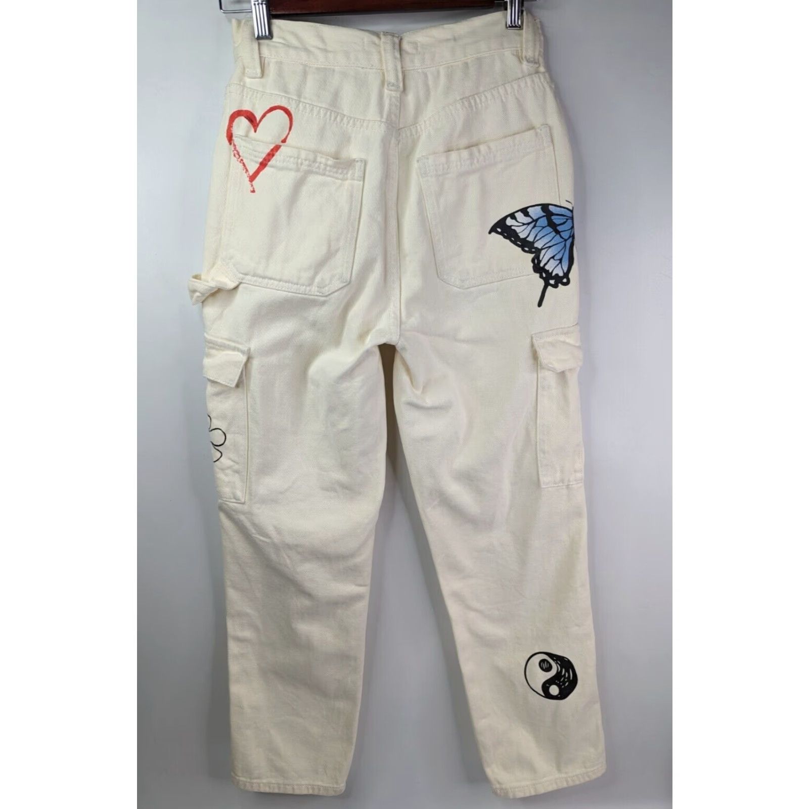 Pacsun Pacsun High Rise Carpenter Cargo Beige Jeans 24 Hippie Hipster Butterfly Size 42" / US 20 - 7 Thumbnail