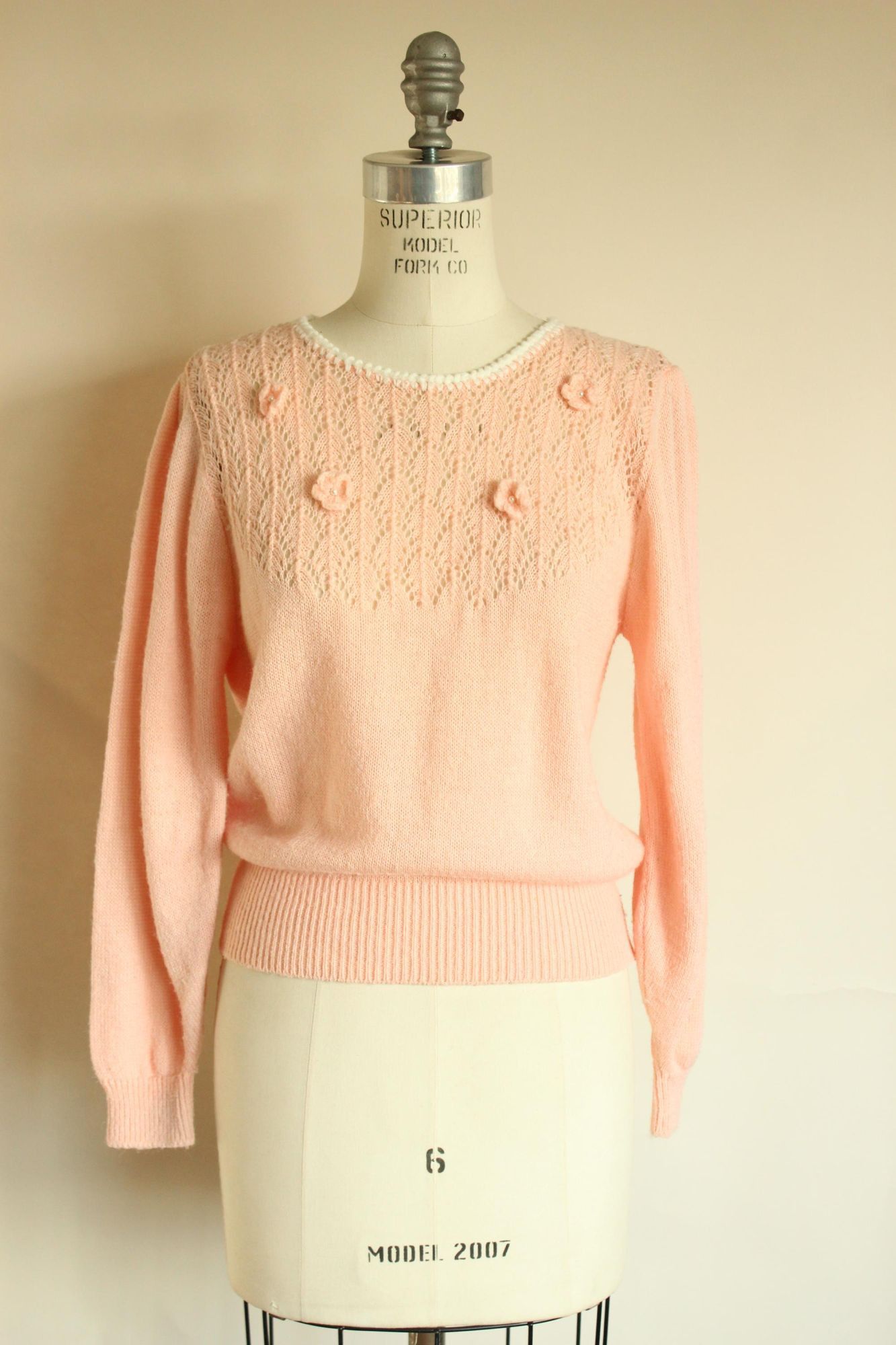 Vintage Vintage 1980s Sweater, Rt Mind Pink Pointelle Knit Pullover, Size M / US 6-8 / IT 42-44 - 3 Thumbnail