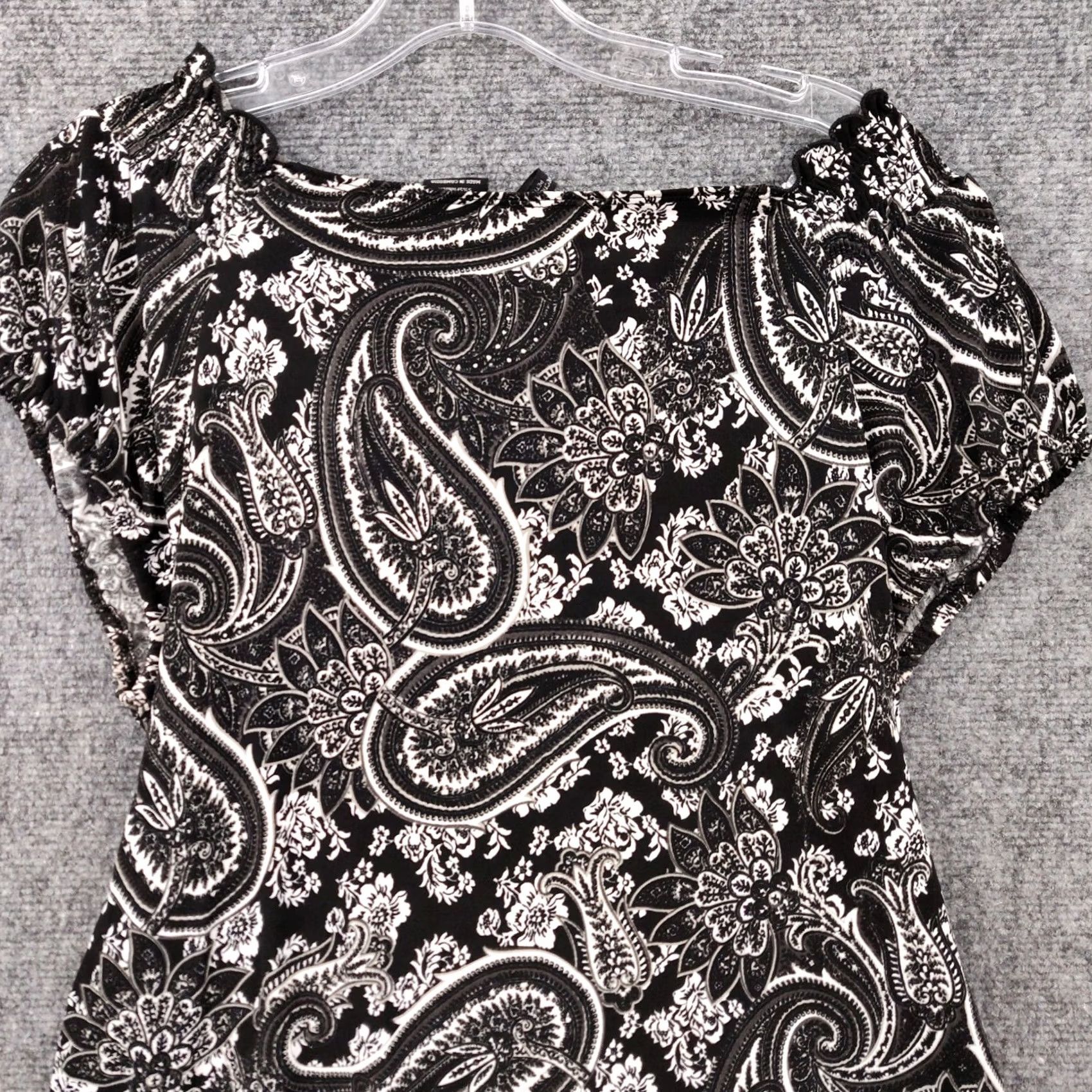 Vintage New Directions Blouse Womens Petite Black Paisley Smocked Belted Polyester Size L / US 10 / IT 46 - 5 Thumbnail