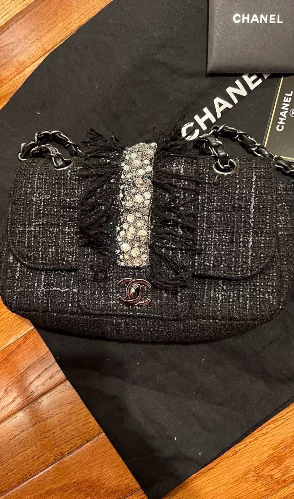 Chanel Chanel Vintage Tweed Fringle Flap Bag Black Rhinestone Size ONE SIZE - 1 Thumbnail