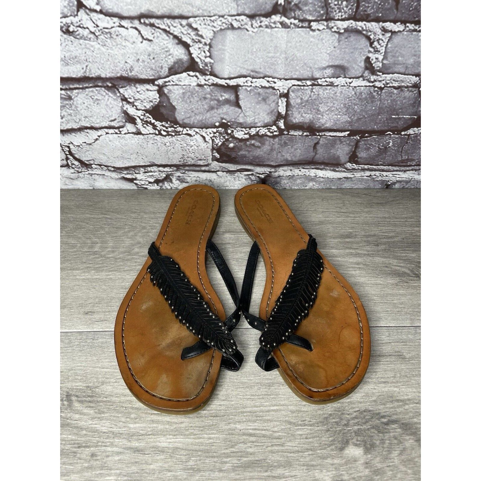 Coach Coach New York DENI Black Leather Feather Thong Flat Sandals Size US 8 / IT 38 - 3 Thumbnail