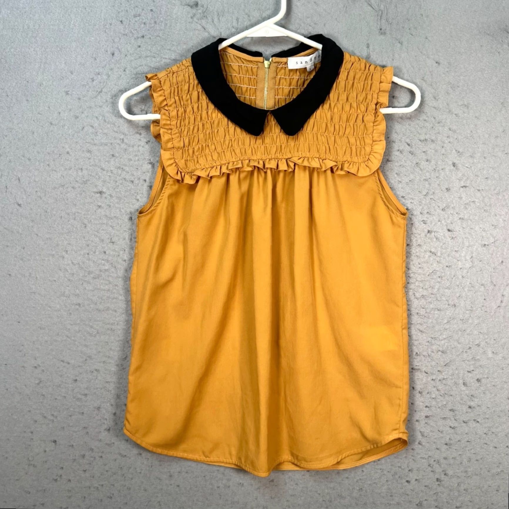 Sandro Sandro Blouse Shirt Sleeveless Mustard Collared Velvet Collar Smocked Front Womens Size 1 Size XS / US 0-2 / IT 36-38 - 2 Thumbnail