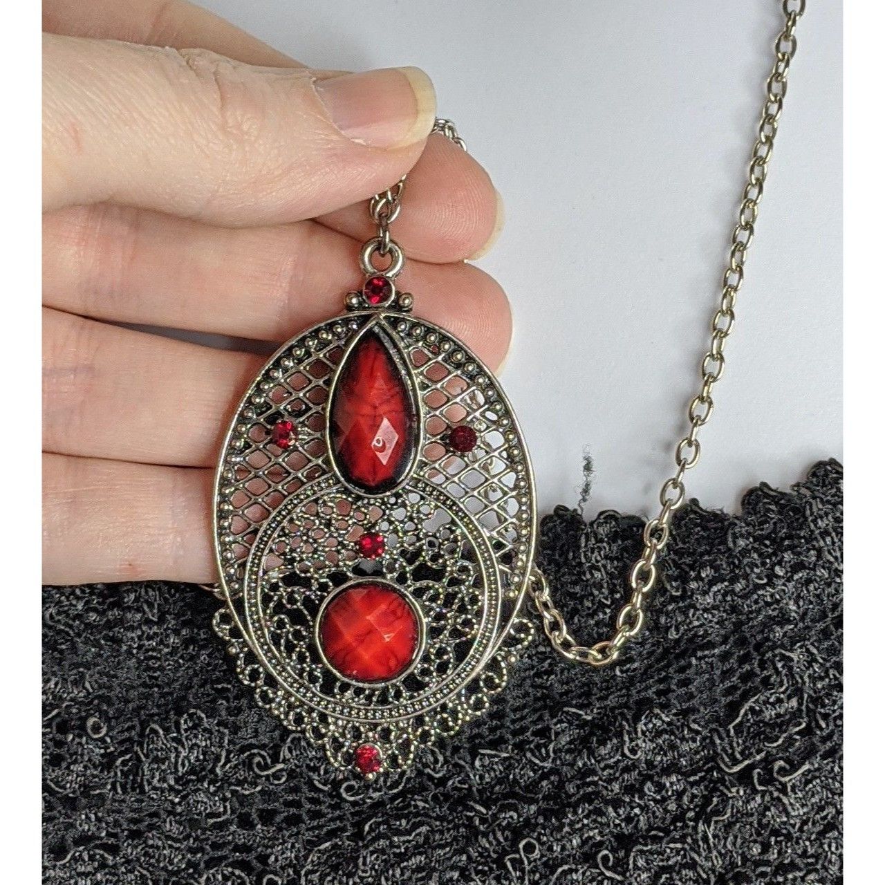 Other Gothic Oval Pendant Necklace With Red Faux Gemstones & Filig Size ONE SIZE - 4 Thumbnail