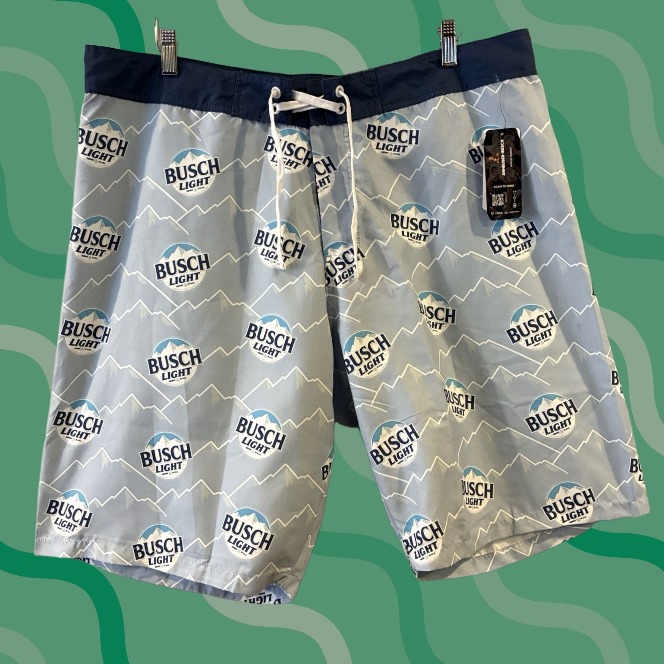 Vintage Busch Logo & Mountain Range All Over Print Board Shorts Blue 3XL NWT Men Big & Tall Polyester Swim Bottoms Size US 39 - 1 Thumbnail