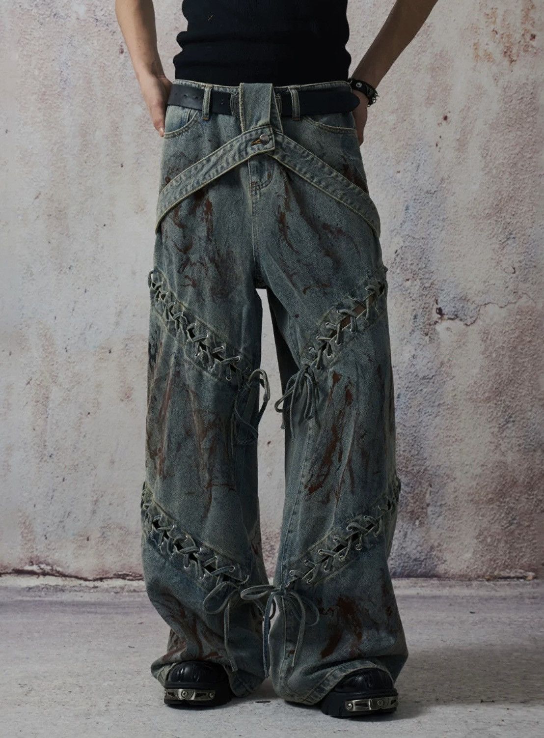 Japanese Brand × Vintage Avant garde paint splash dirty wash lace-up punk jeans Size US 32 / EU 48 - 1 Thumbnail