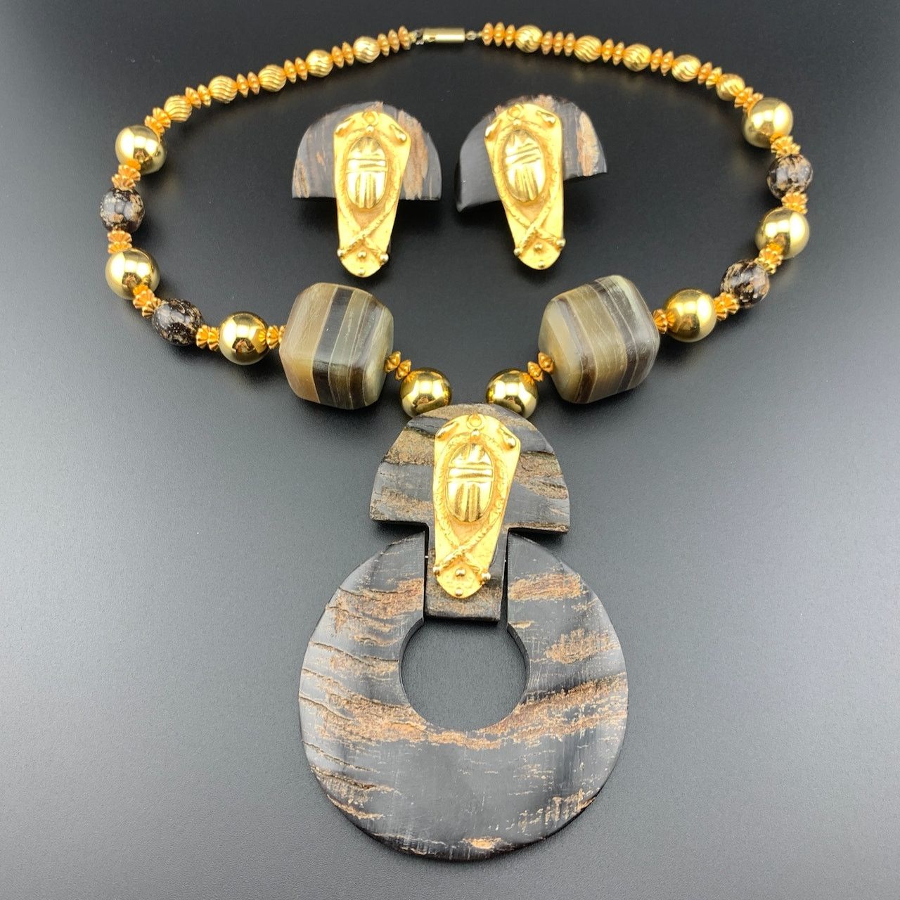 Vintage Vintage Gold Tone Brown Scarab Egyptian Necklace Earrings Size ONE SIZE - 2 Thumbnail