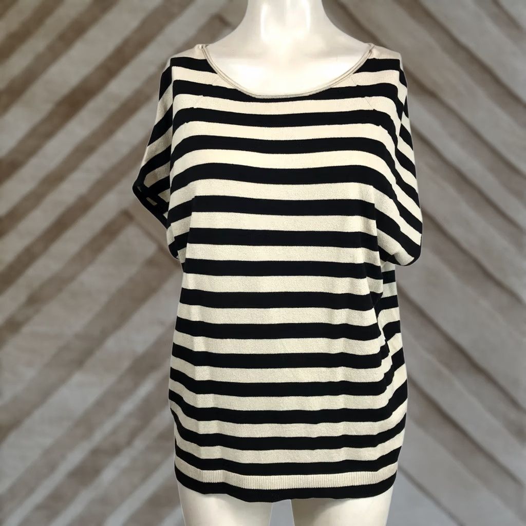 Loft LOFT Women's Medium Tan/Black Stripe Short Sleeve Round Neck Blouse Top Size M / US 6-8 / IT 42-44 - 1 Thumbnail