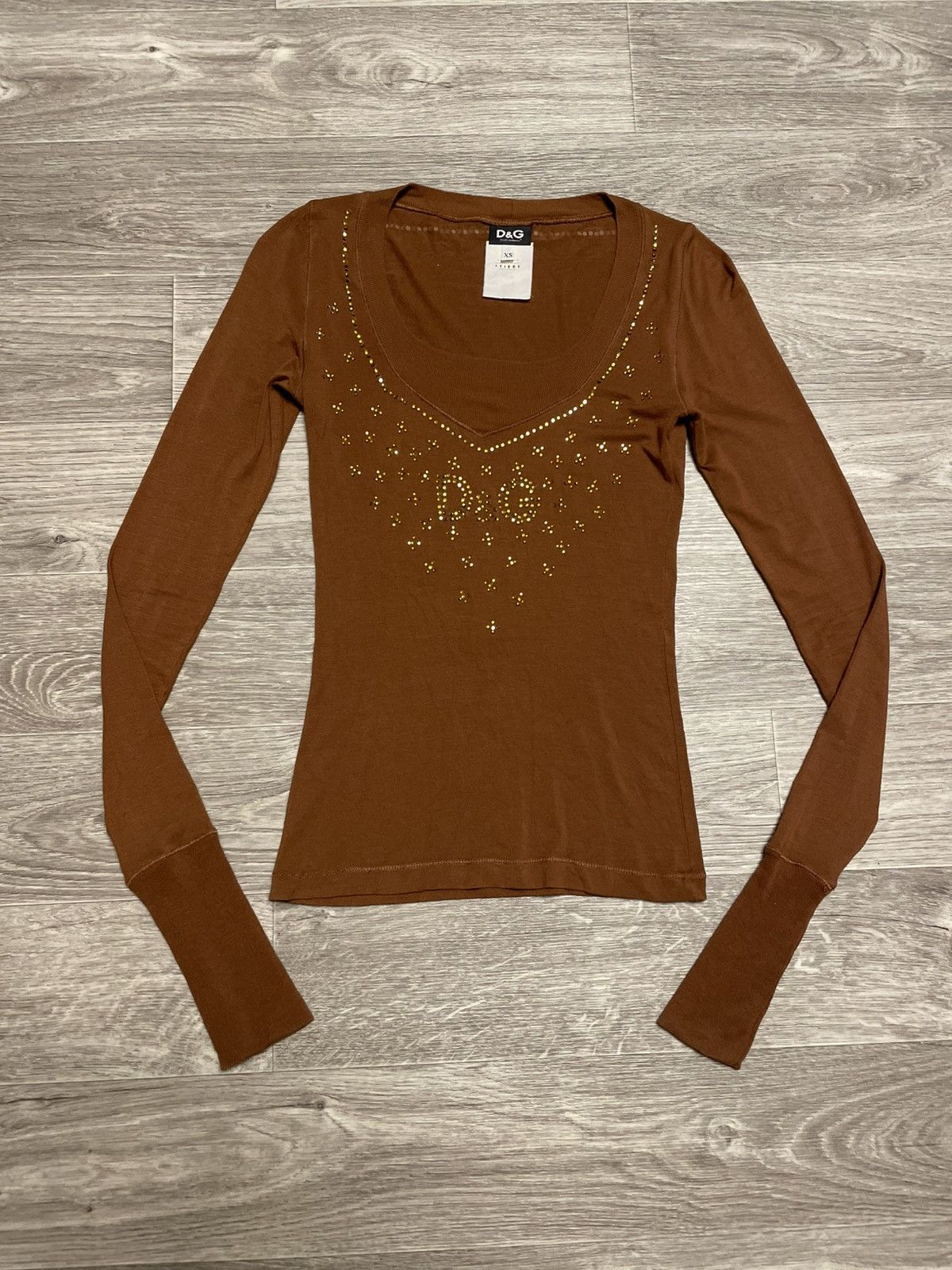 Dolce & Gabbana Y2K DG Dolce Gabbana Brown Rhinestone Logo Long Sleeve Top Size XS / US 0-2 / IT 36-38 - 8 Thumbnail