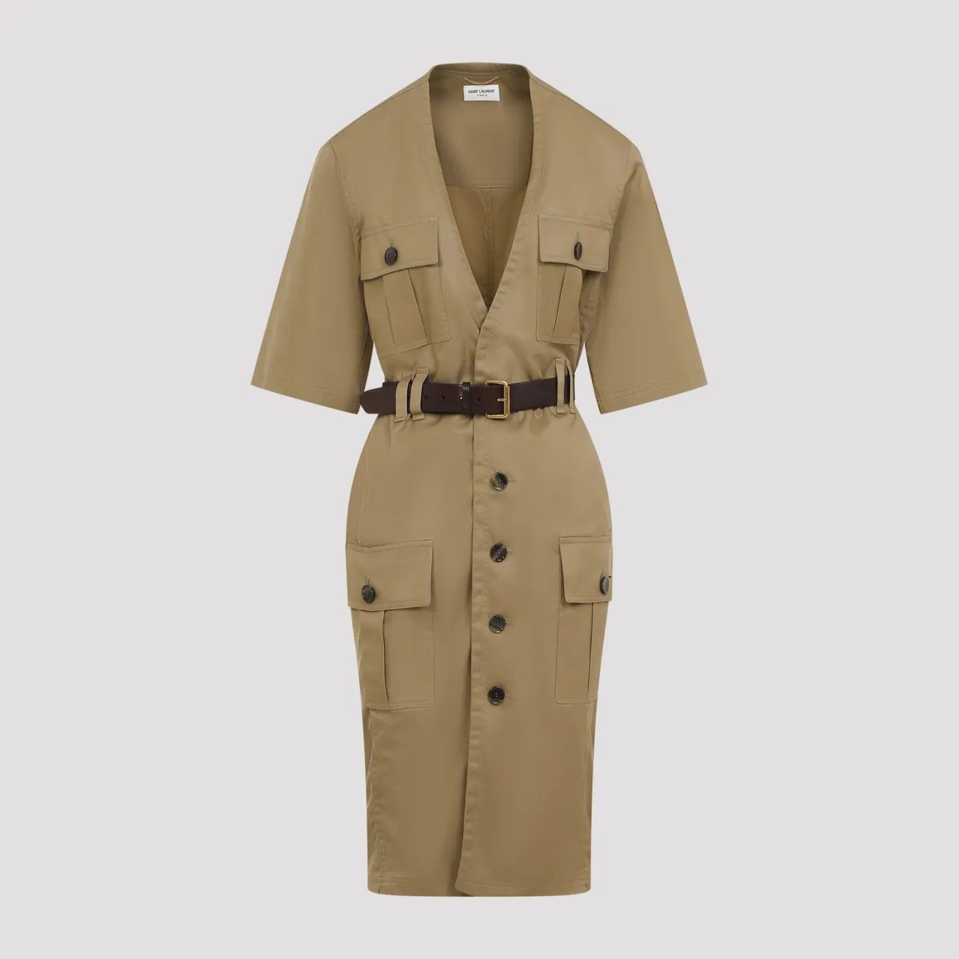 Saint Laurent Paris o1bcso1str1125 Saharienne Dress In Cotton Twill in Beige Size XS / US 0-2 / IT 36-38 - 1 Thumbnail