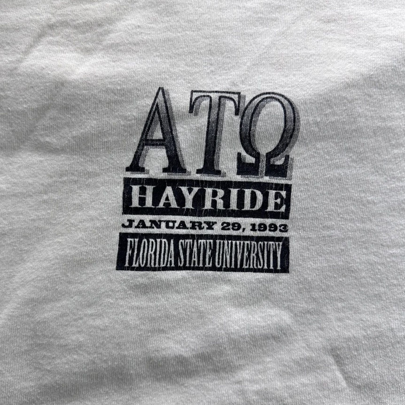 Fruit Of The Loom VINTAGE Alpha Tau Omega Florida State Shirt Mens XL Ivory 1993 90s FSU Hayride Graphic Back Cowboys Mens Size US XL / EU 56 / 4 - 2 Thumbnail