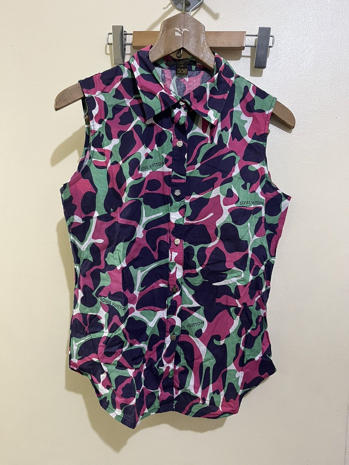 image of Louis Vuitton Camou Sleeveless Button-Up in Green Purple Pink, Women's (Size XS)