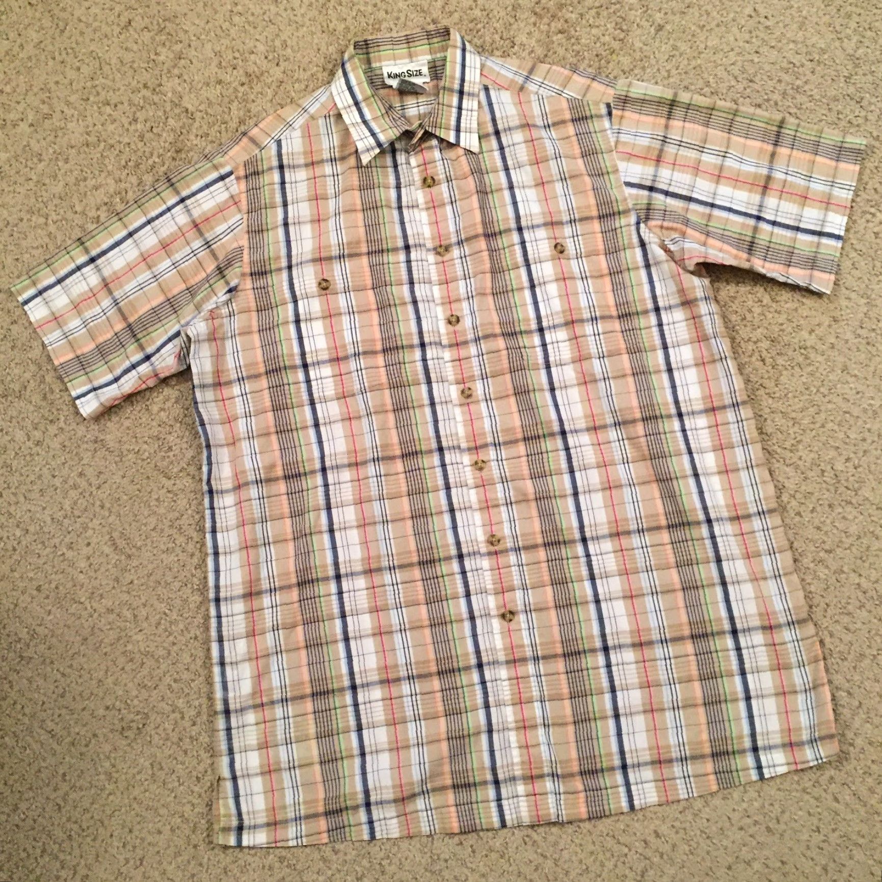 Vintage Kingsize Shirt Mens Large Beige Green Plaid Short Sleeve Button Up Size US L / EU 52-54 / 3 - 5 Thumbnail