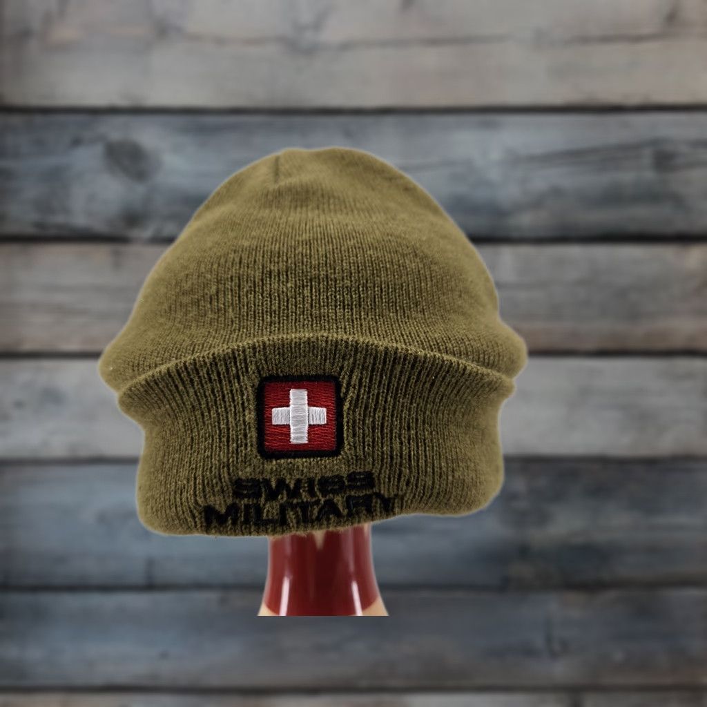 Vintage Swiss Military Beanie Cap Winter Hats Mens One Size Green Beanie Winter Cap Logo Solid Beanie Mens Size ONE SIZE - 1 Thumbnail