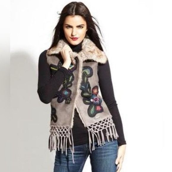 Desigual Desigual Faux Suede Fur Lined Floral Embroidered Crochet Mac Size S / US 4 / IT 40 - 1 Thumbnail