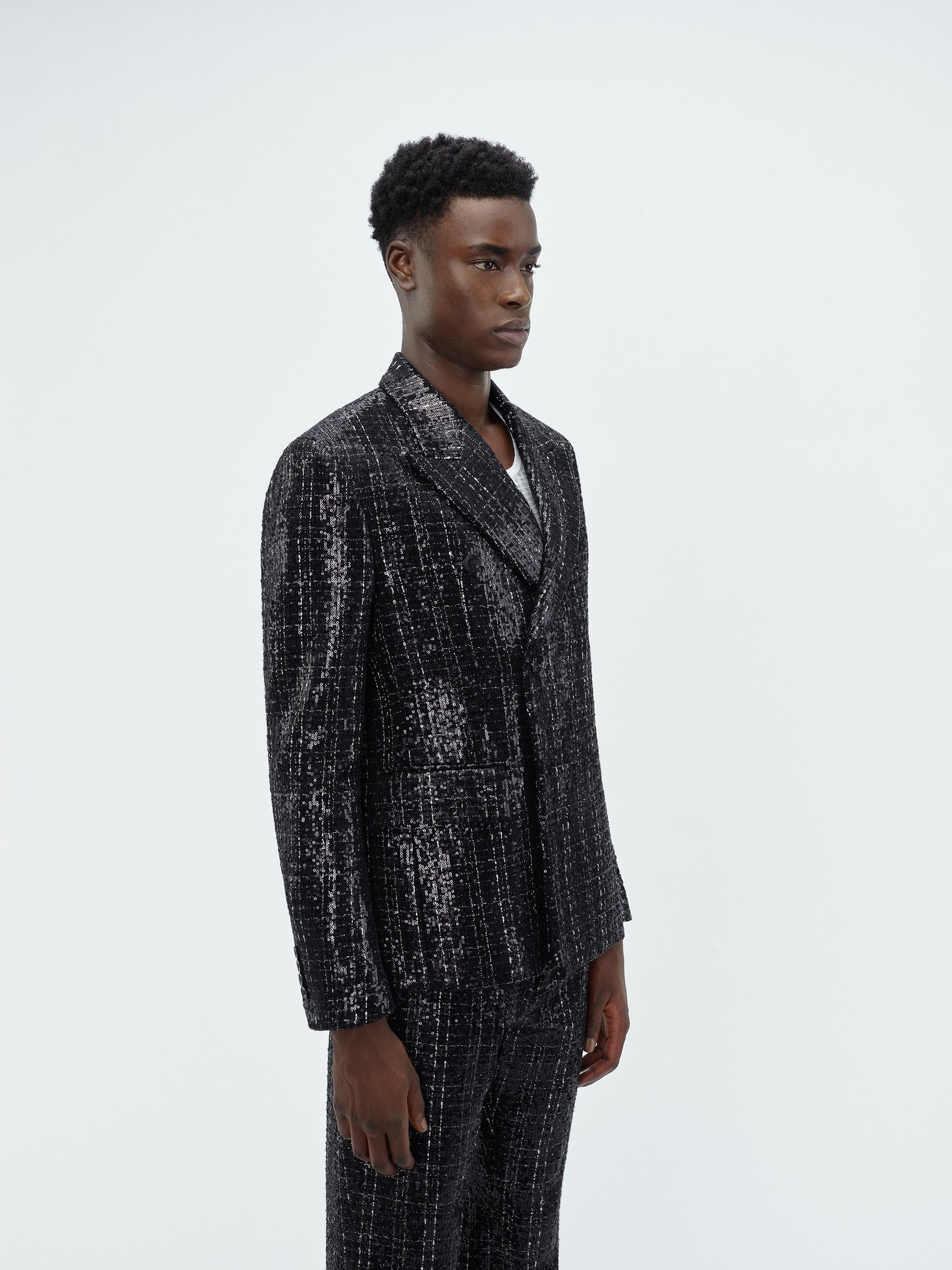 Amiri o1s1wg110525 Sequin Boucle Double-Breasted Blazer in Black Size US L / EU 52-54 / 3 - 9 Thumbnail