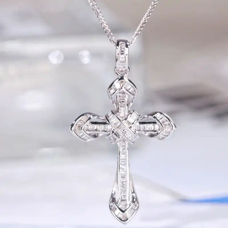 Jewelry × Sterling Silver 925 Sterling Silver Shiny Full Zircon Cross Pendant Necklace Size ONE SIZE - 1 Thumbnail