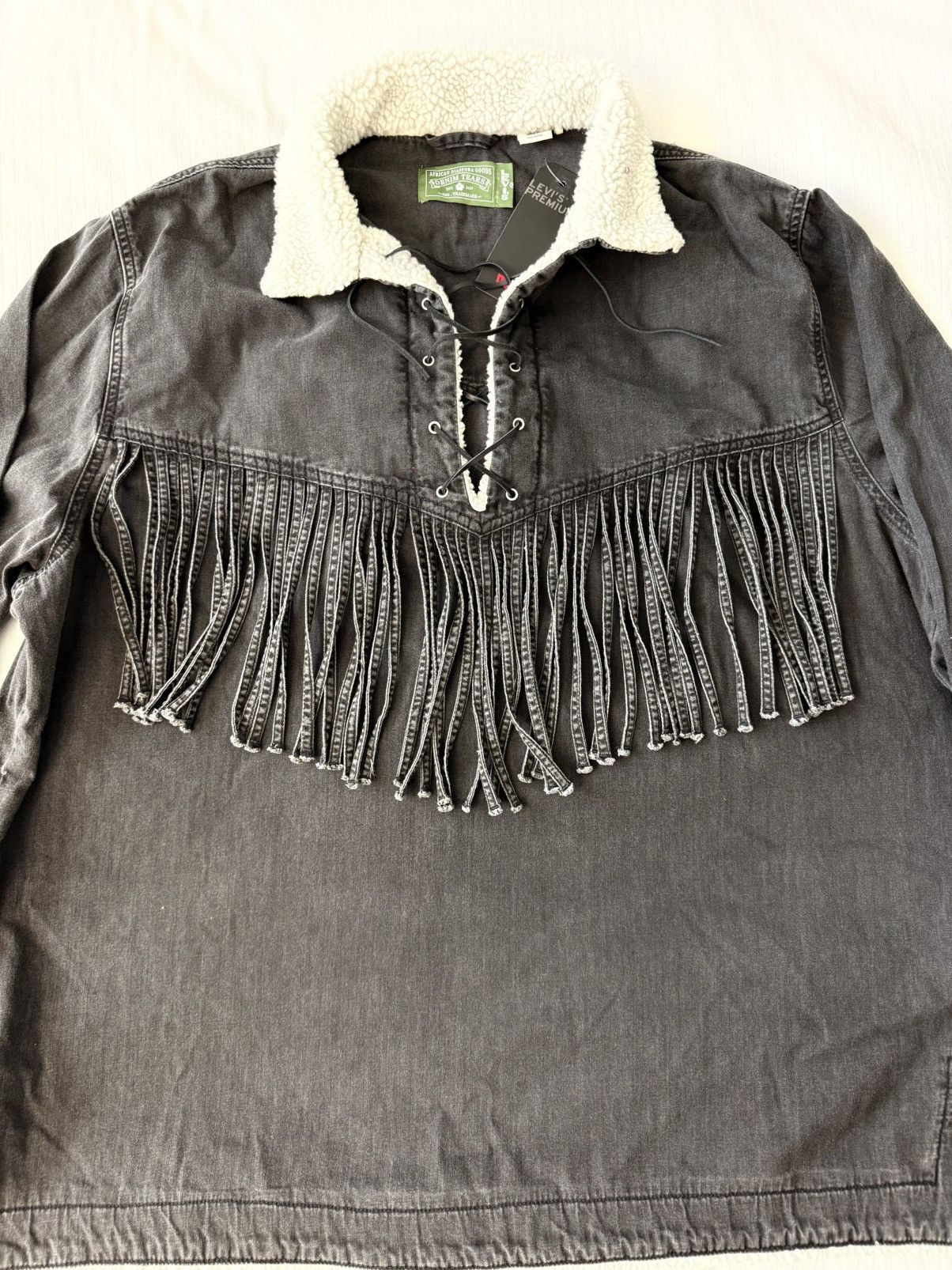 DENIM TEARS × Levi's New Motorcycle/Western Black Faded Denim Sherpa Pullover Size US XL / EU 56 / 4 - 11 Thumbnail