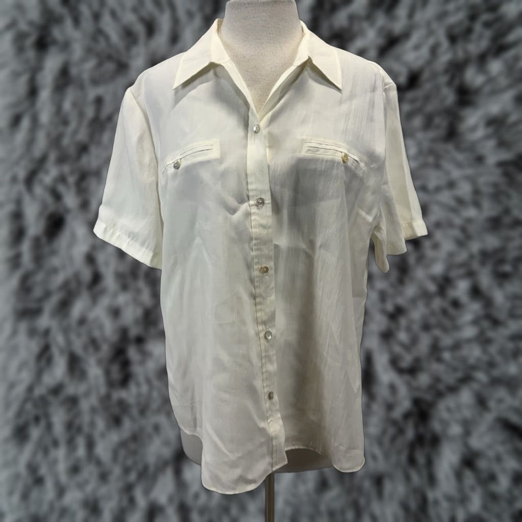 Vintage Chicos Button-Up Top Shirt XL Womens Ivory Short Sleeve Modal Blend Button-Up Shirt Sz 3 US X-Large Chicos Womens Shirts 3XL? Size XL / US 12-14 / IT 48-50 - 1 Thumbnail