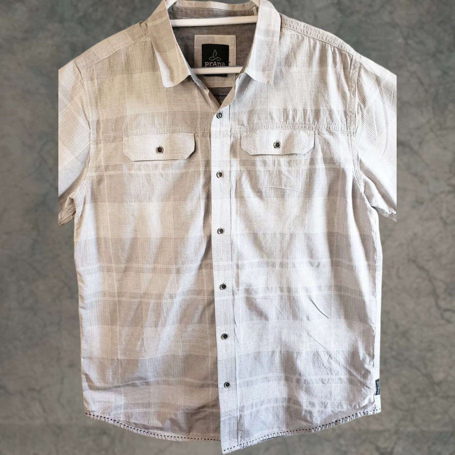 Prana Prana Mens L Short Sleeve Button-Up Shirt Gray White Plaid Logo Pockets Size US L / EU 52-54 / 3 - 1 Thumbnail