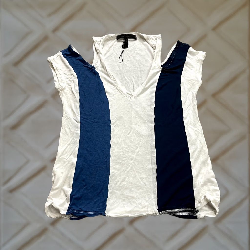 Bcbgmaxazria BCBGMAXAZRIA Shirt Womens XS White Blue Black Striped Cold Shoulder Deep V Neck Size XS / US 0-2 / IT 36-38 - 1 Thumbnail
