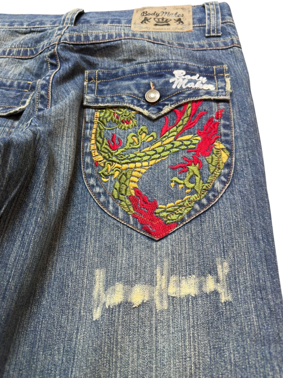 Karakuri Tamashii Vintage Body Maker Flare Mudwash Dragon Embroidery Denim Size US 33 - 8 Thumbnail