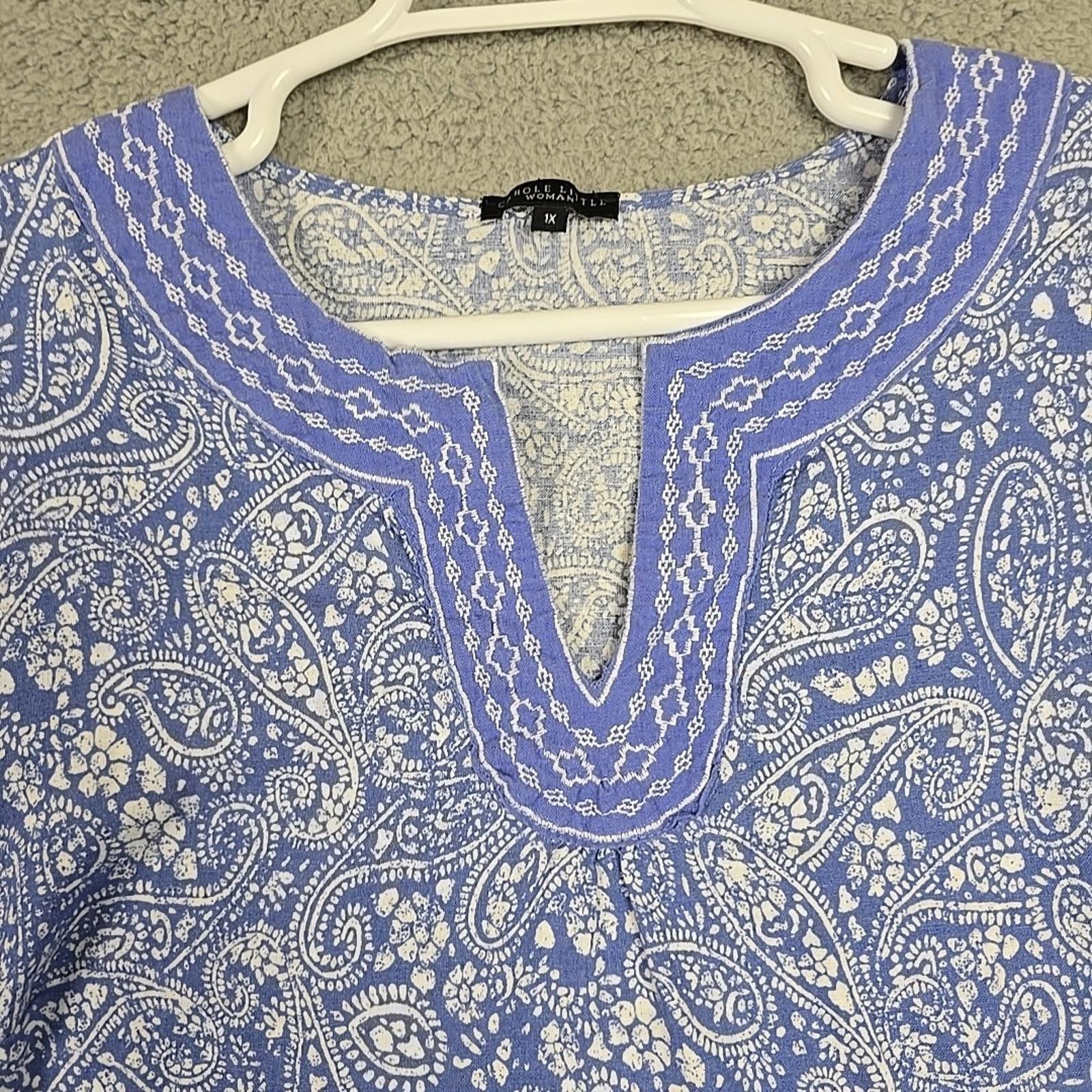 Other Carole Little Blue/White 3/4 Sleeve Linen Blend Shirt Sz 1X Size XL / US 12-14 / IT 48-50 - 3 Thumbnail