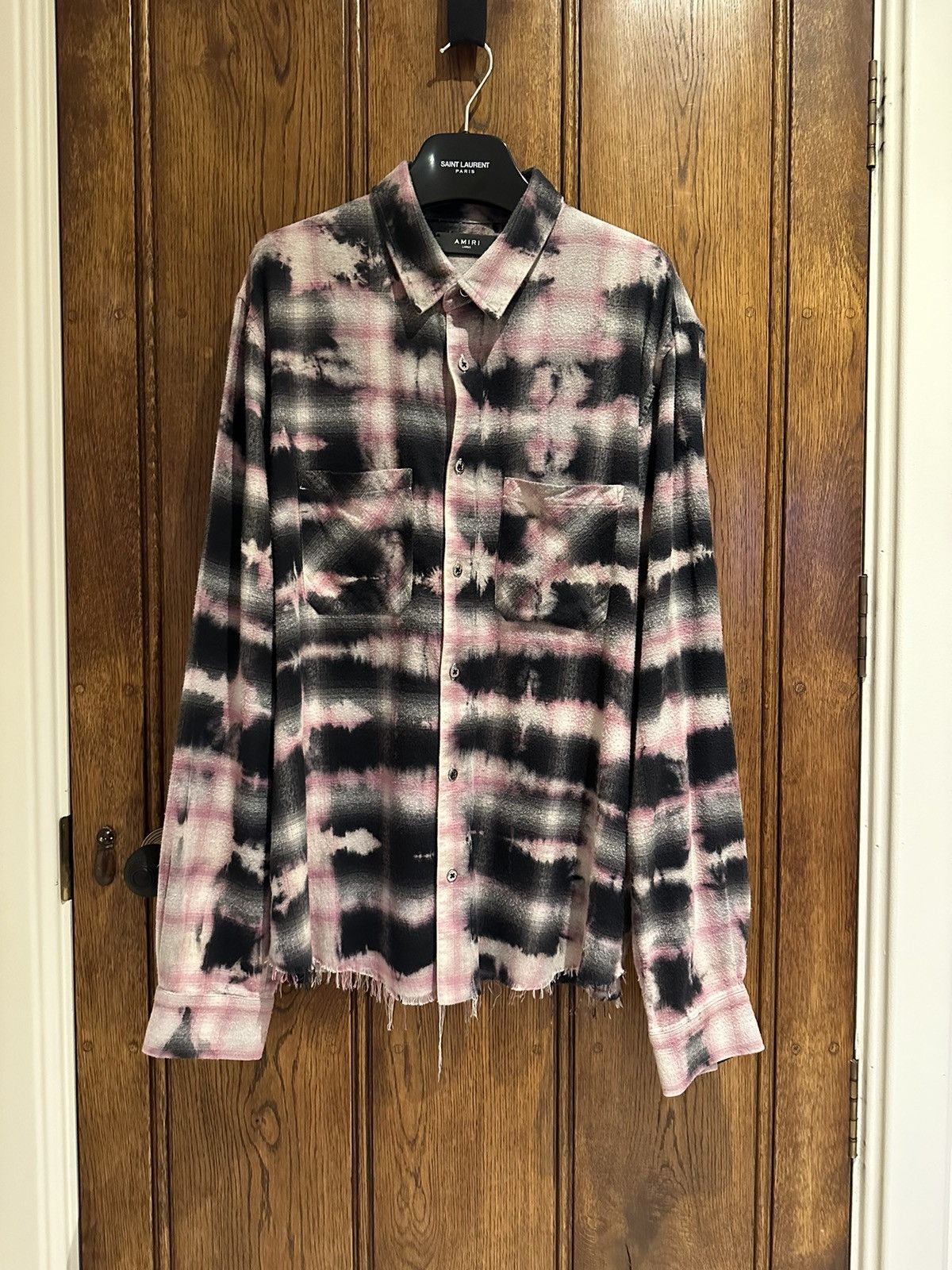 image of Amiri Bleached Gradient Shadow Flannel Black Pink Raw Hem L, Men's (Size Large)