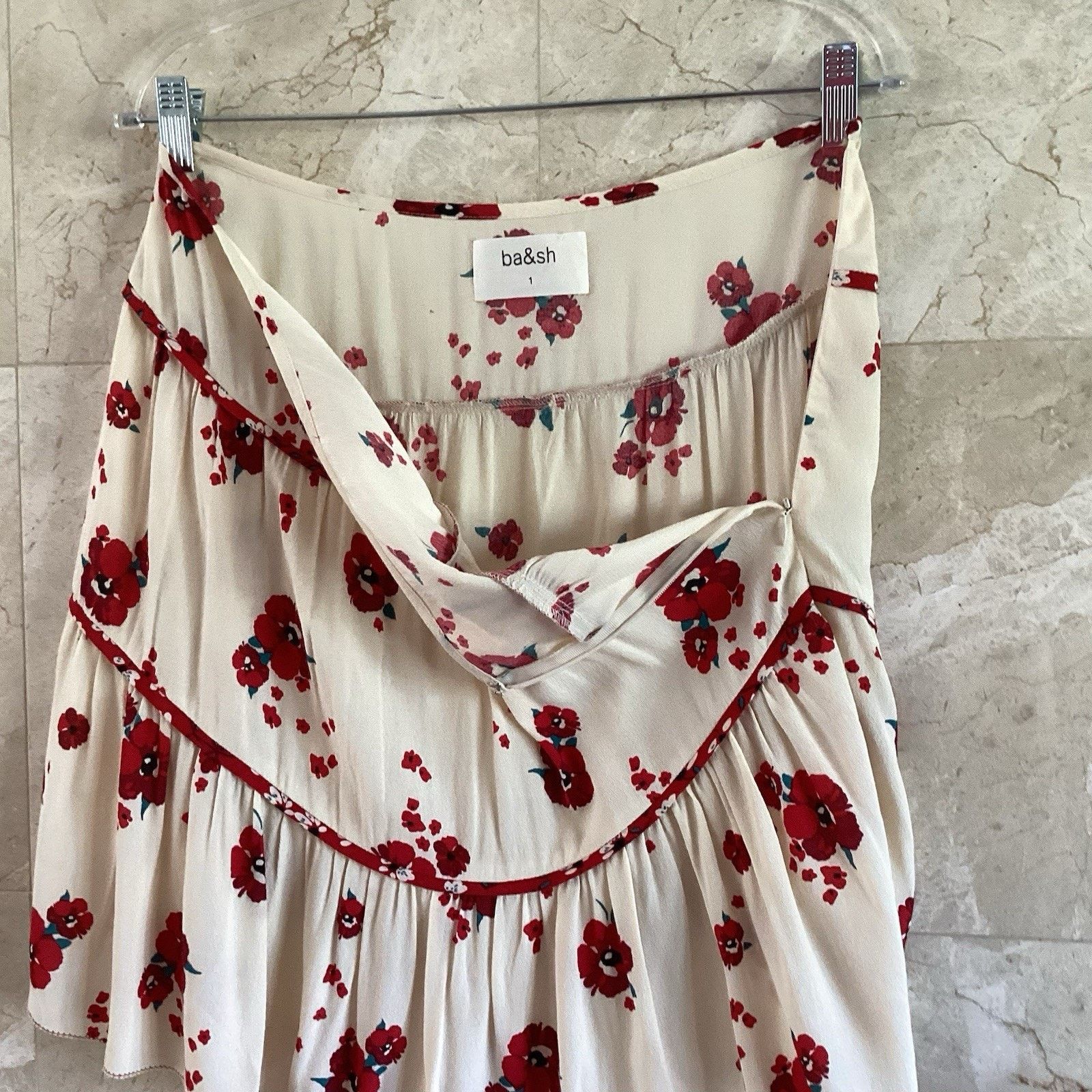 ba&sh ba&sh Bia Lady Mini Skirt Ecru Red Floral Tiered, Size 1 US6 Size 28" / US 6 / IT 42 - 6 Thumbnail