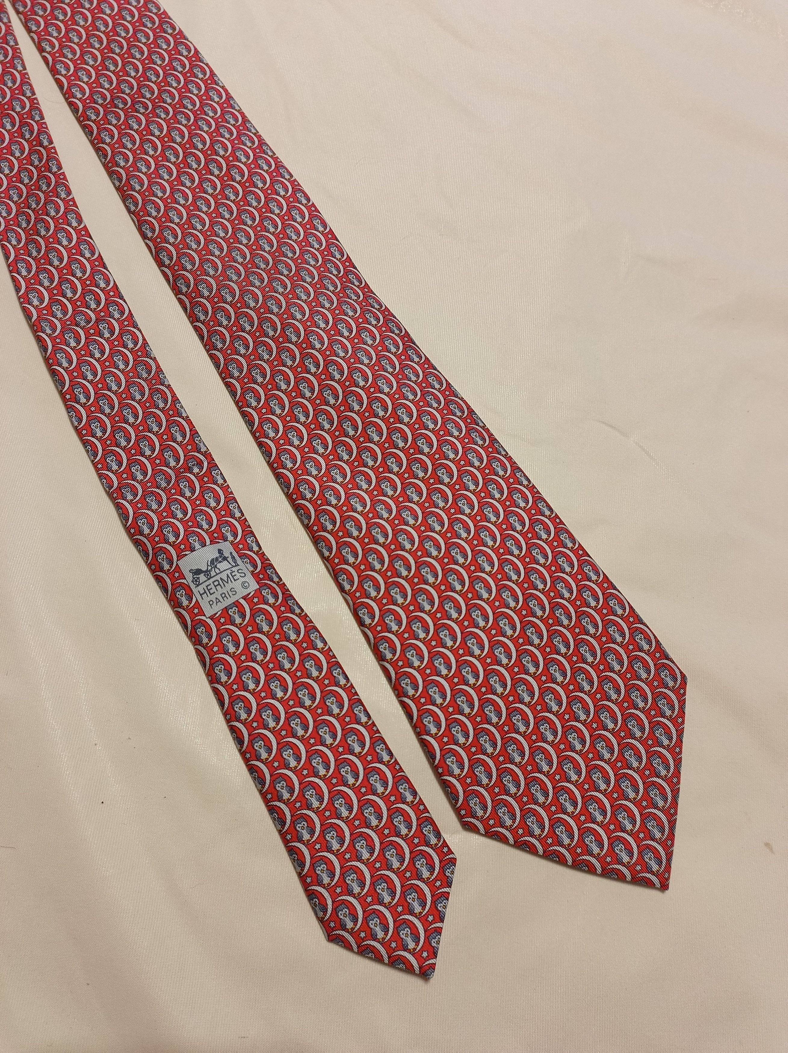 Hermes HERMES Red Owels Twill Silk Mens Necktie Tie 5269 SA Size ONE SIZE - 2 Thumbnail