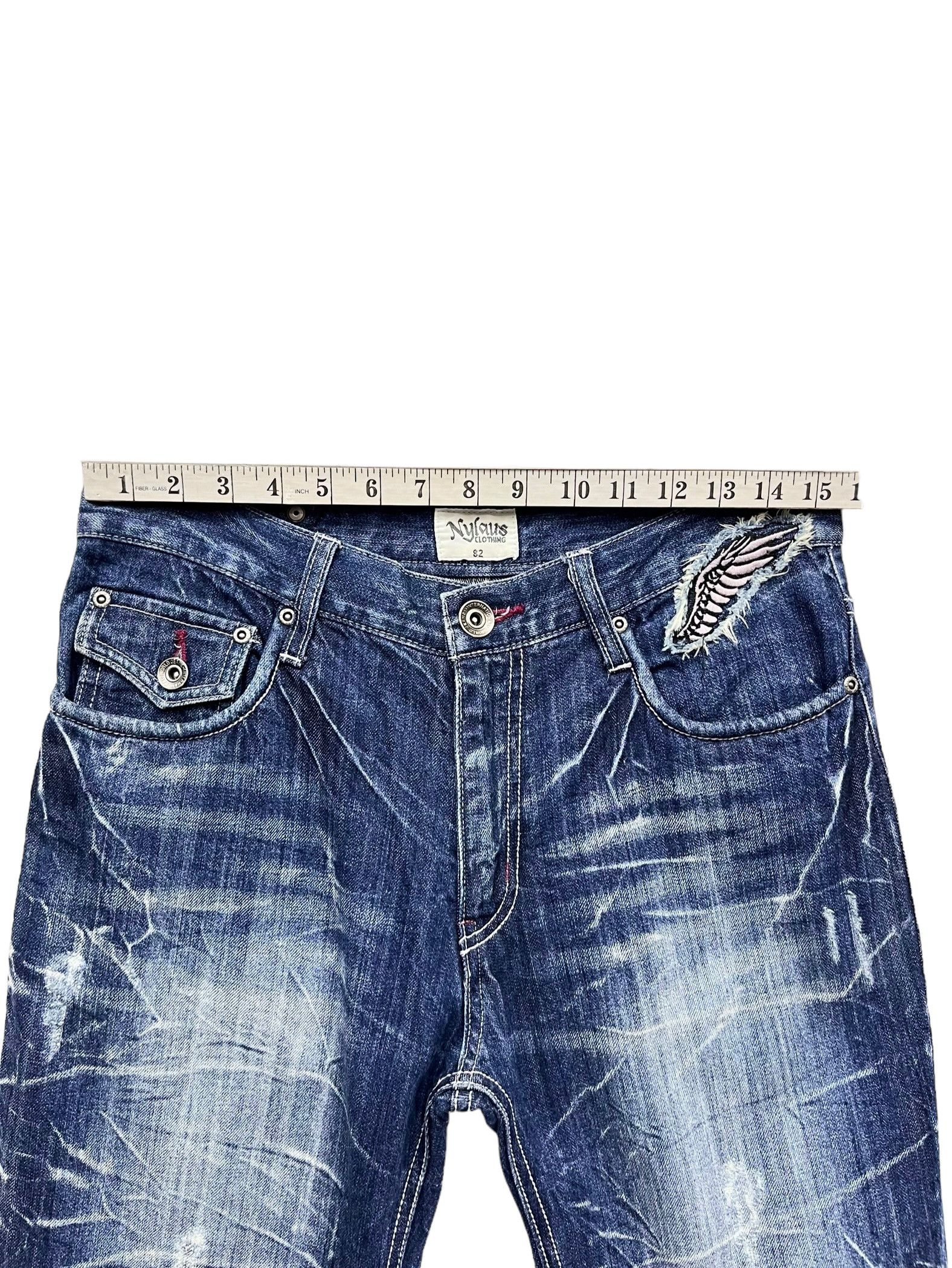 Fashion Victim NYLAUS Long Flap Studded Embroidery Winged Acid Wash Flared Size US 31 - 15 Thumbnail