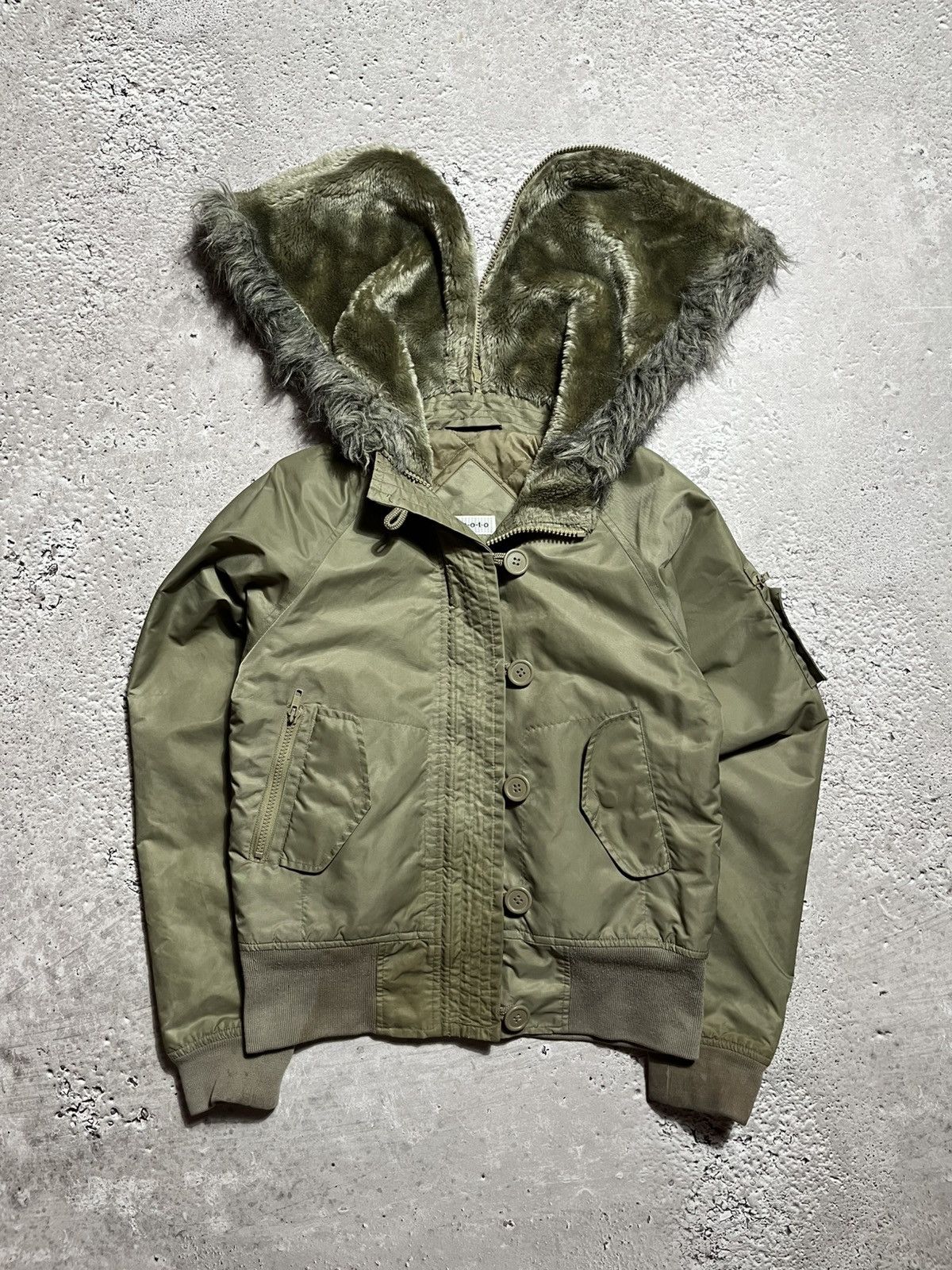 Japanese Brand × Vintage Olive bomber jacket with faux fur split zipup hood Y2K style Size M / US 6-8 / IT 42-44 - 1 Thumbnail