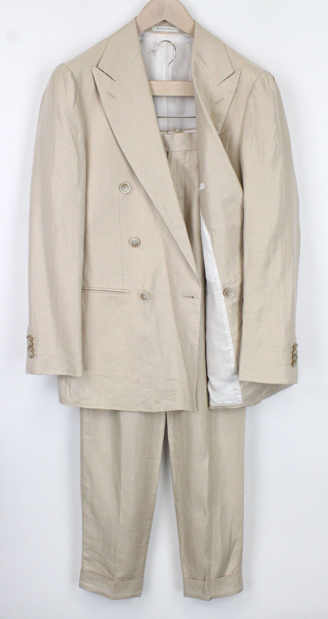 image of Suitsupply Havana Uk38R Double-Breasted Beige Slim Linen Suit 70739, Men's