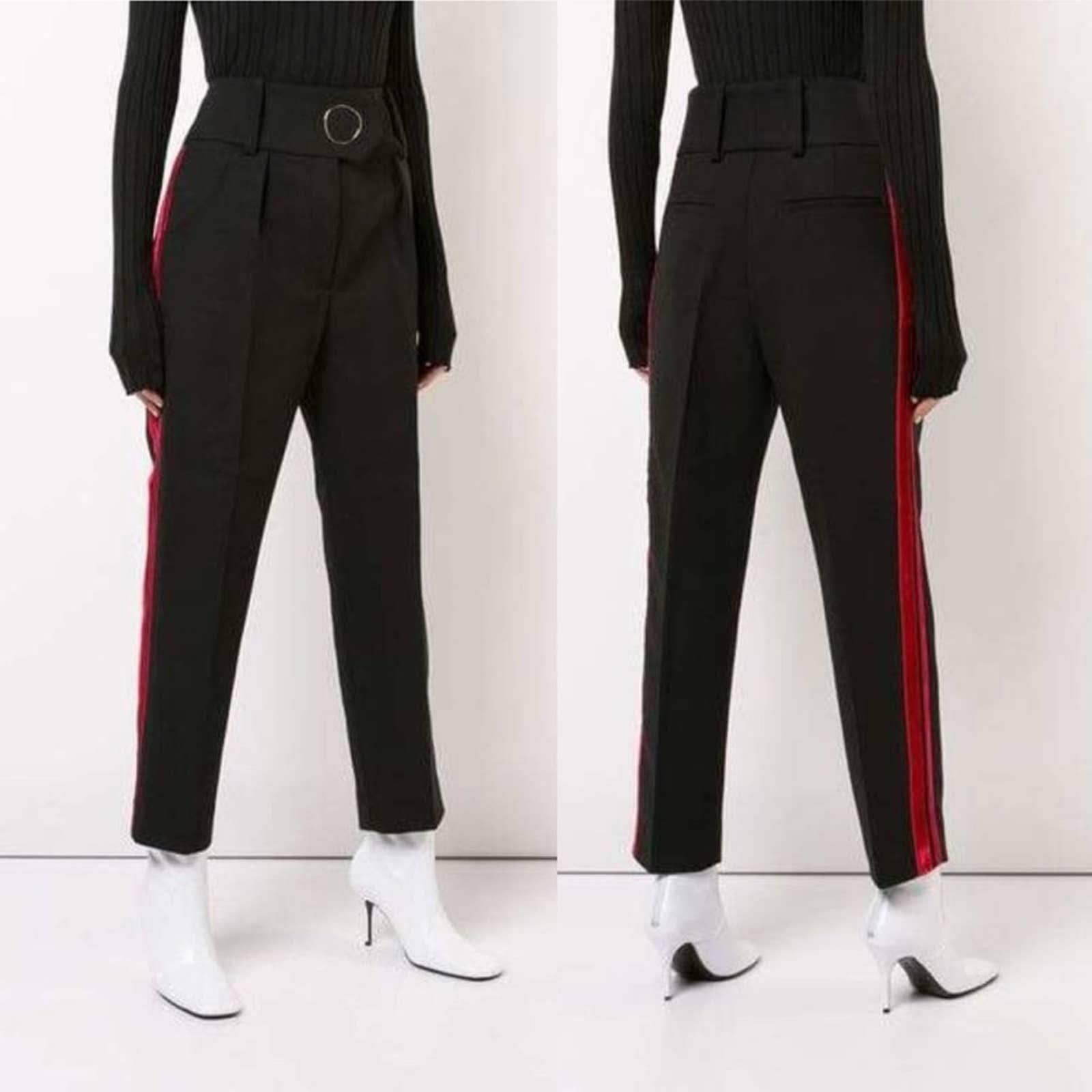 image of Petar Petrov High Waist Black Wool Pants Red Velvet Stripe, Women's (Size 26)