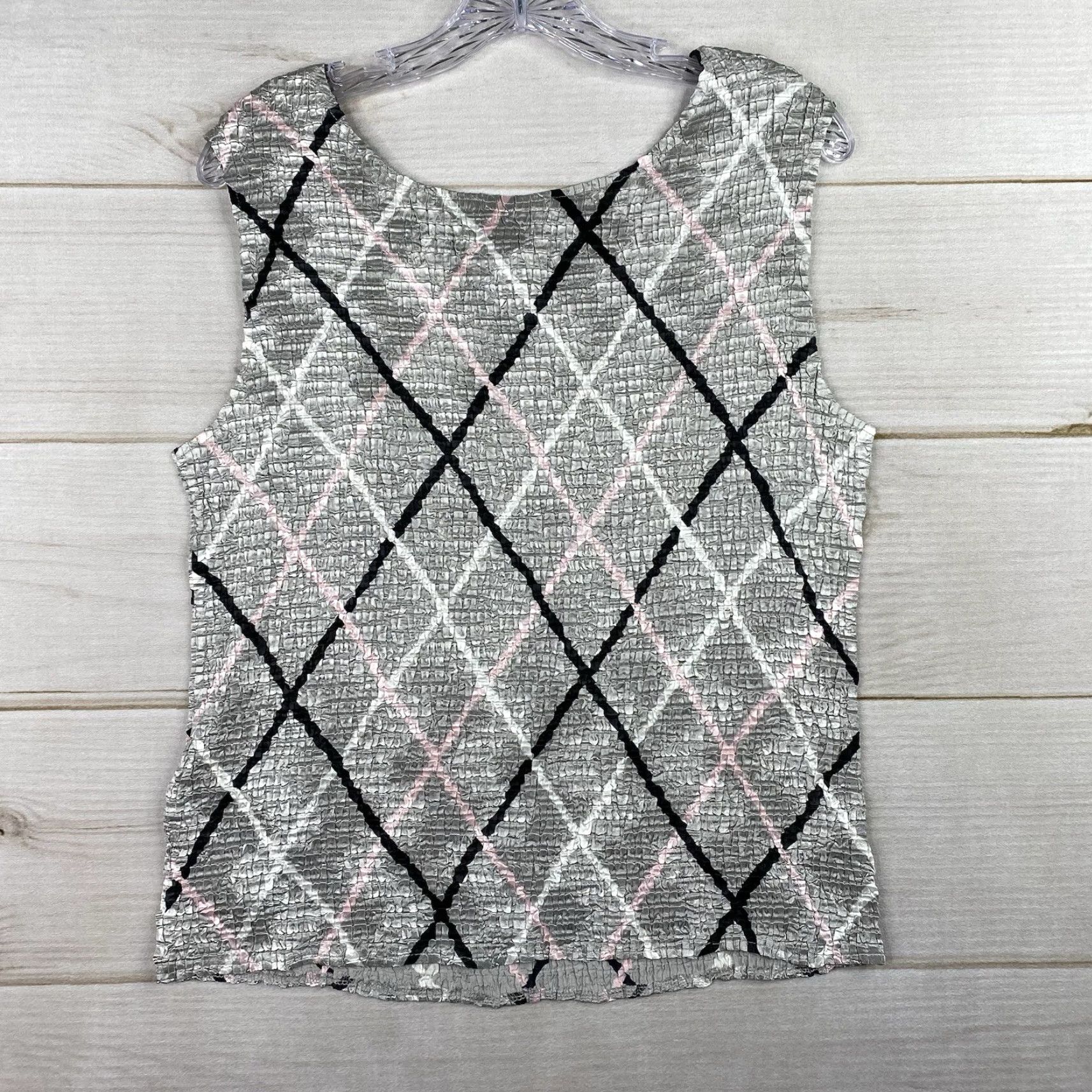 Vintage VINTAGE Casual Corner Top XL Gray Diamond Stripe Stretch Crinkle Sleeveless Size XL / US 12-14 / IT 48-50 - 8 Thumbnail