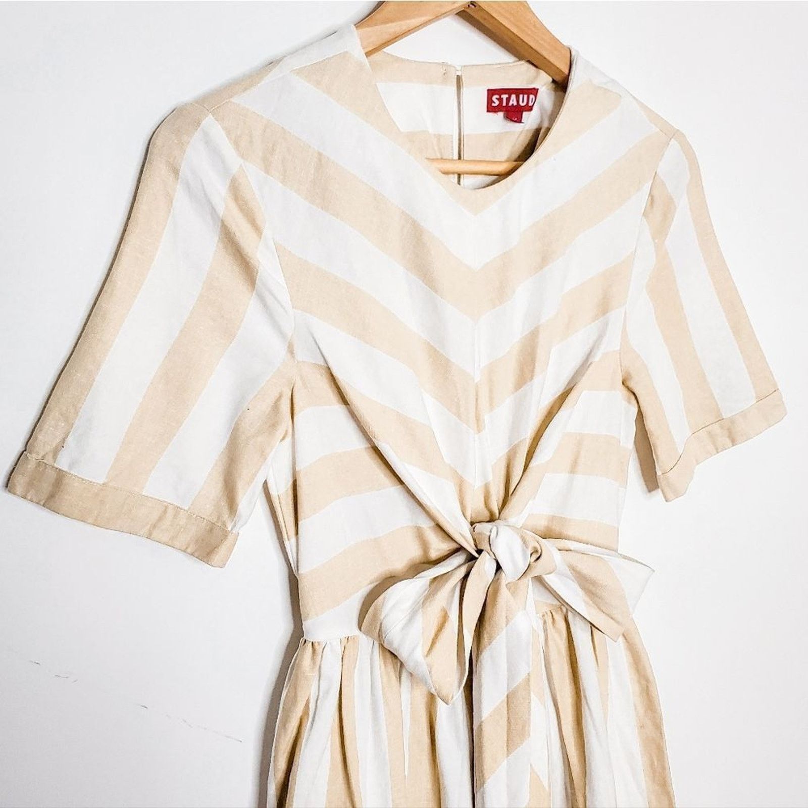 Staud Staud Beige White Chevron Striped Tie Waist York Dress Sz XS Size XS / US 0-2 / IT 36-38 - 3 Thumbnail