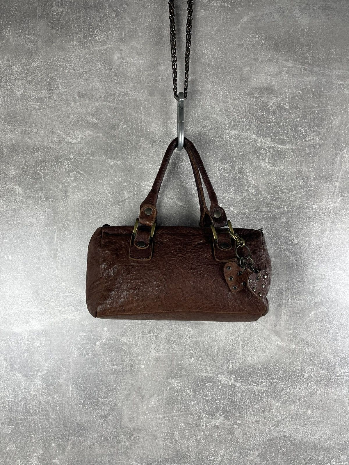 Genuine Leather Y2K Artisan Handcrafted Brown Heart Charm Mini Barrel Bag Size ONE SIZE - 1 Thumbnail