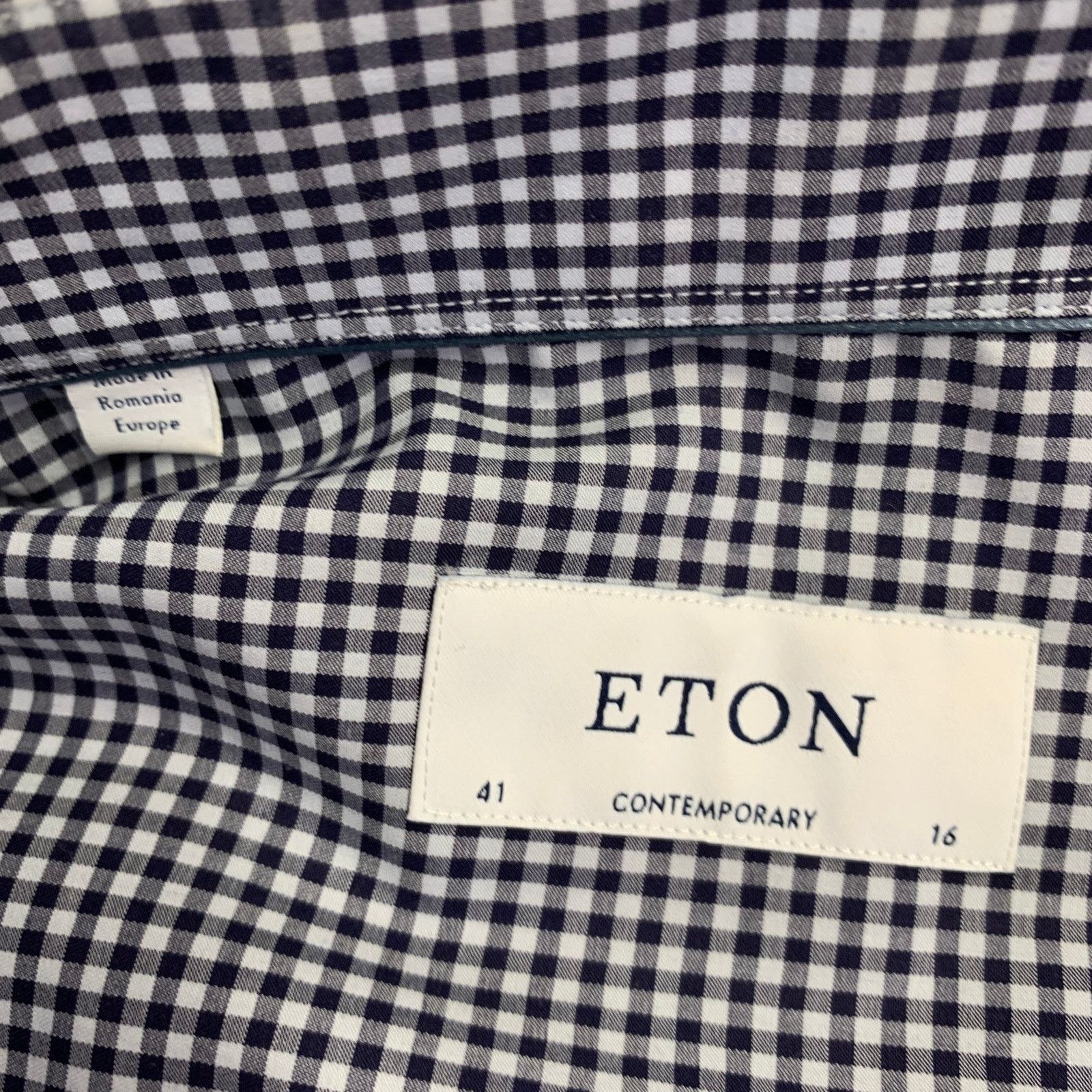 Eton Navy White Gingham Cotton Curved Cutaway Long Sleeve Shirt Size US M / EU 48-50 / 2 - 5 Thumbnail