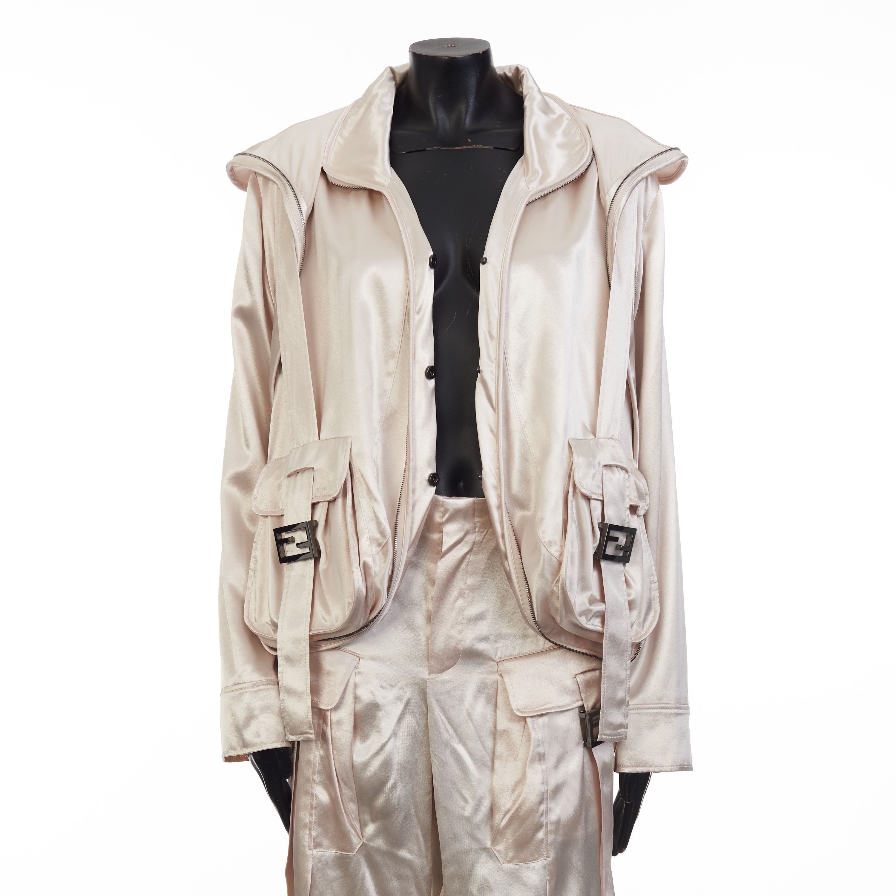 Fendi Beige Satin Blouson Jacket - Snap Closure, Metal FF Buckle Size S / US 4 / IT 40 - 9 Thumbnail