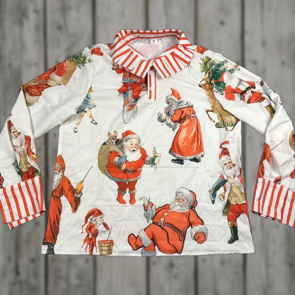 Vintage Santa Claus Christmas Shirt Medium White Red Striped Collar Long Sleeve Womens Size M / US 6-8 / IT 42-44 - 1 Thumbnail