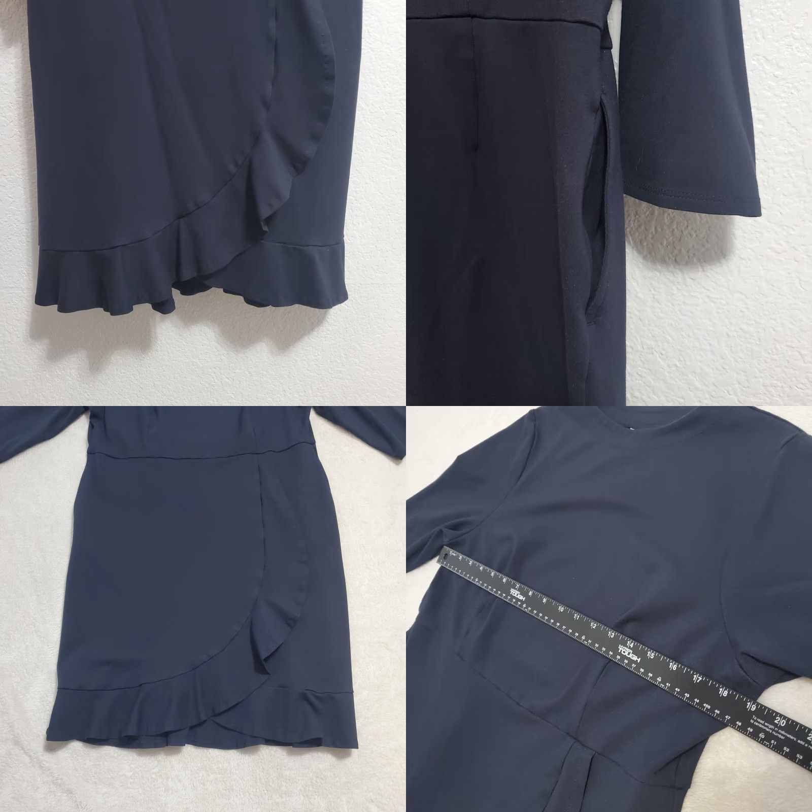 Vintage J Jill Ponte Dress Women Petite L Navy Blue Knit 3/4 Sleeve Ruffle Pockets Office Knee Length Pullover Vintage: No Size L / US 10 / IT 46 - 8 Thumbnail