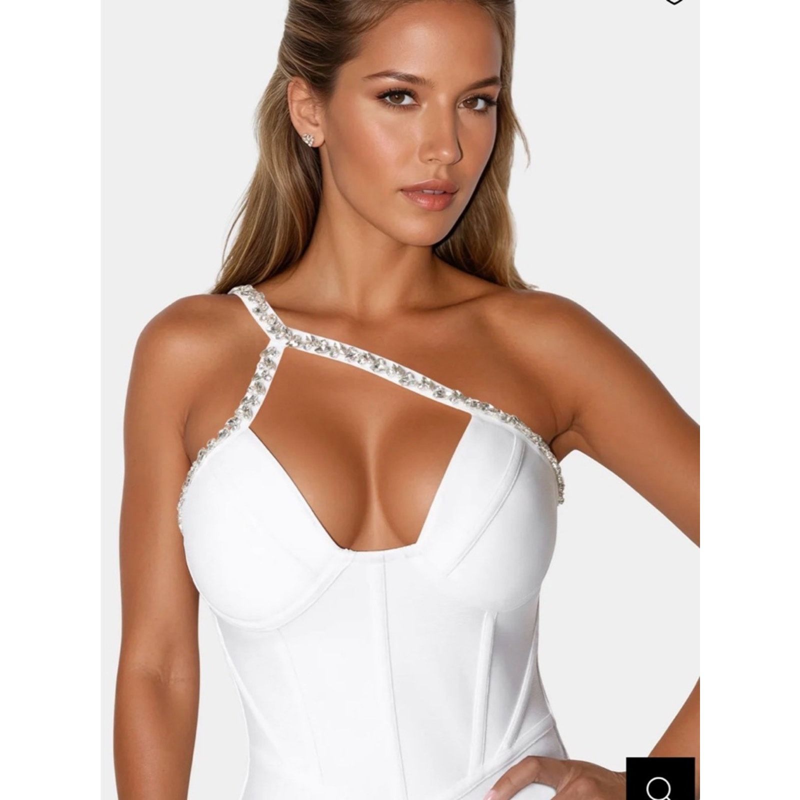 Bebe Bebe White One-Shoulder Rhinestone-Trim Bodycon Dress size S Size S / US 4 / IT 40 - 3 Thumbnail
