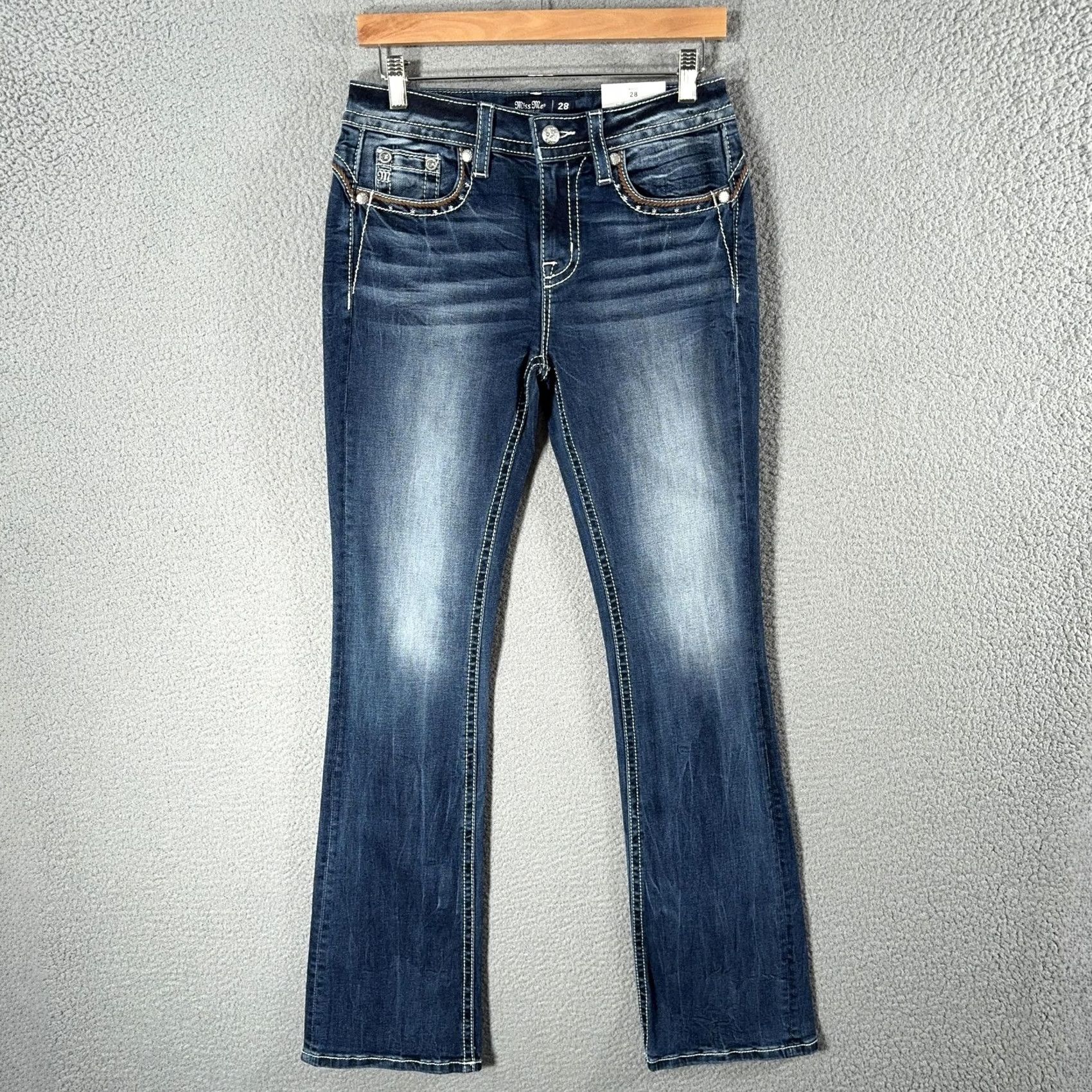 Miss Me Miss Me Jeans Womens 28 Bootcut Denim Embroidered Rhinestone Mid Rise 5-Pocket Cowboy Blue 34 Inseam Mens/ Womens Size 28" / US 6 / IT 42 - 3 Thumbnail