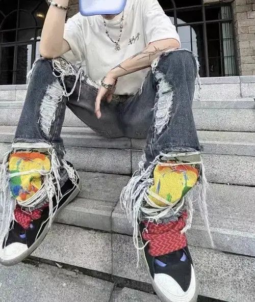 Jean Destruction Brushed Washed Loose Straight Leg Ripped Jeans Size US 29 - 3 Thumbnail