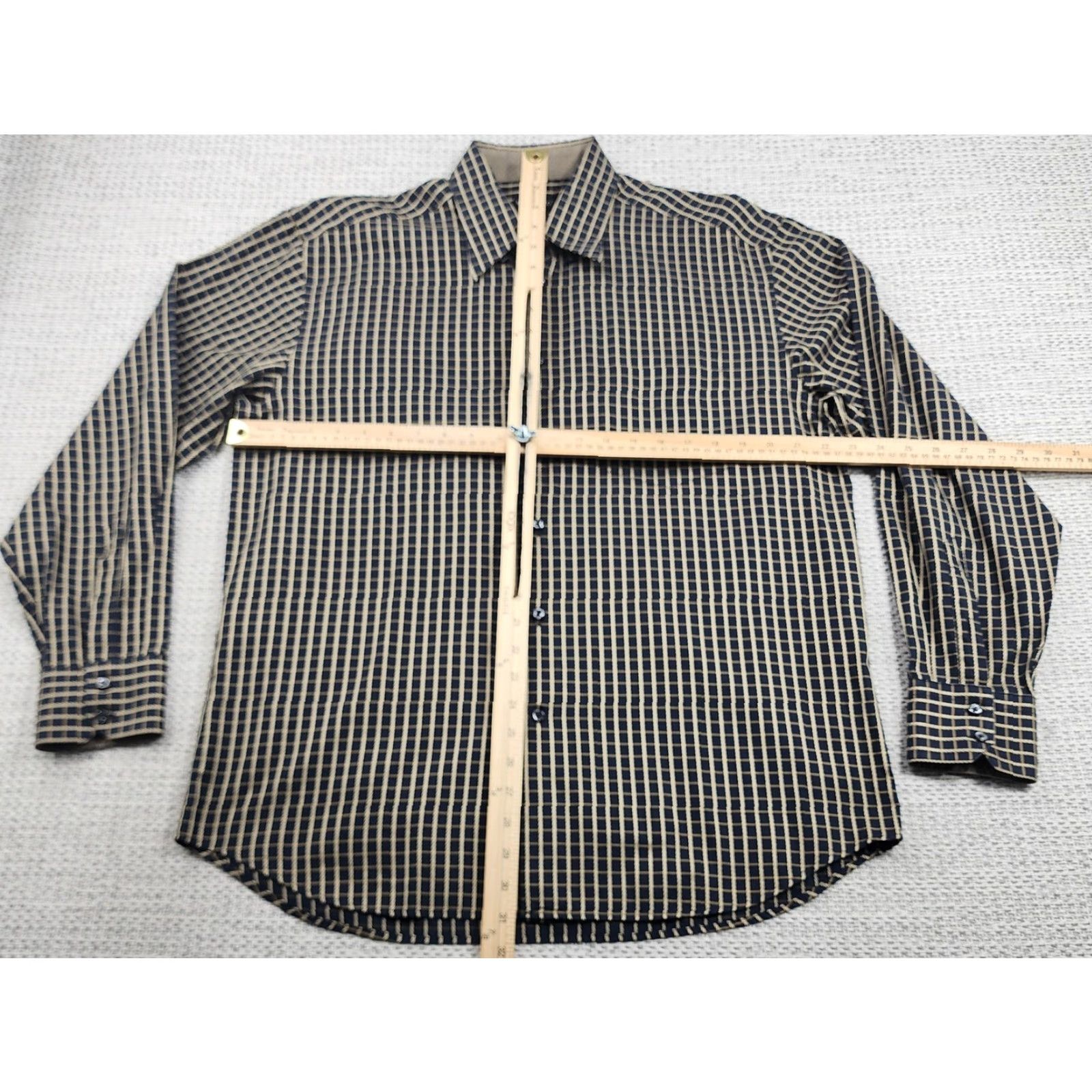 Vintage Riscatto Shirt Mens Large Navy Tan Check Dress Button Up Long Sleeve Cotton Size 42R - 7 Thumbnail